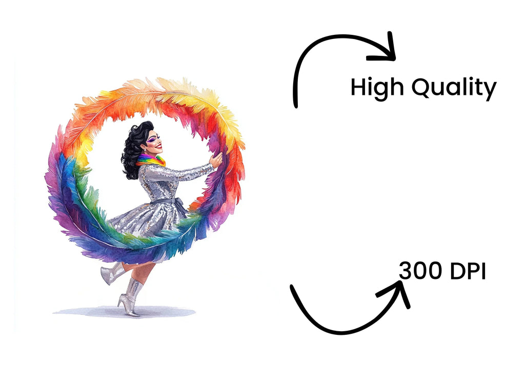 Joyful Woman with Rainbow Feather Boa Clipart Bundle