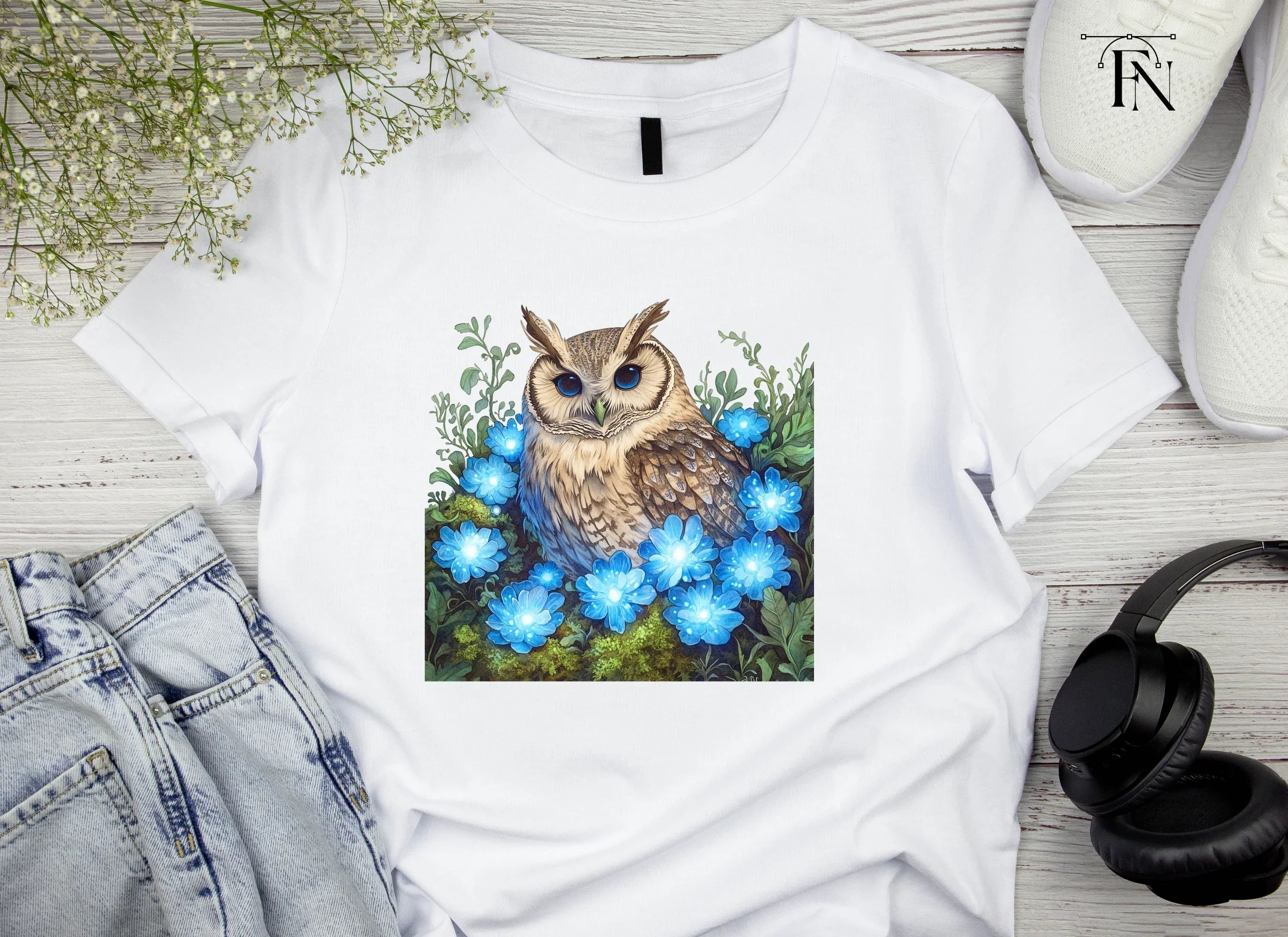Enchanted Owl with Glowing Blue Flowers Clipart Bundle