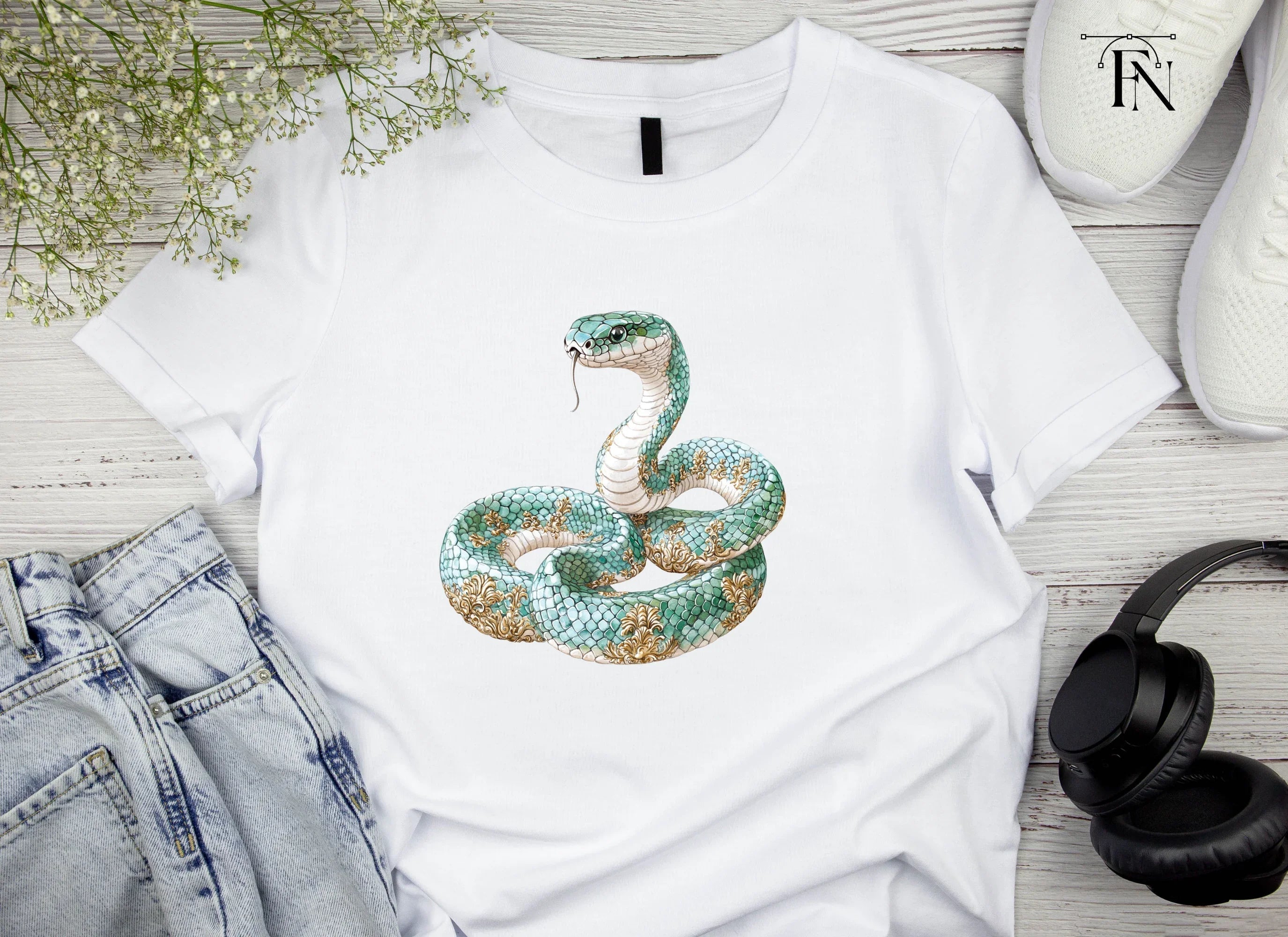 Elegant Teal Snake with Gold Ornaments Clipart Bundle