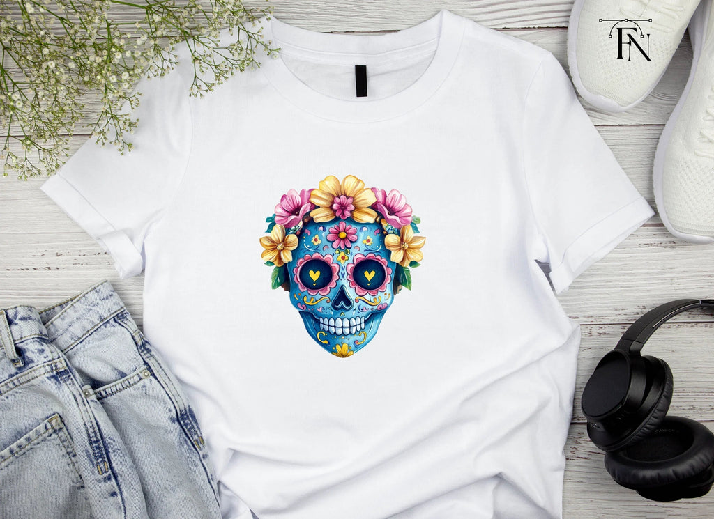 Blue Sugar Skulls with Flowers Clipart Bundle