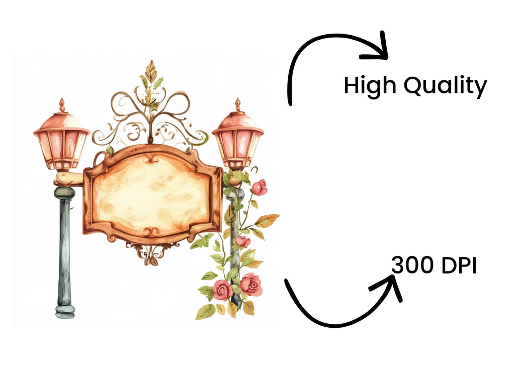 Vintage Shop Signs and Lamp Posts Clipart Bundle