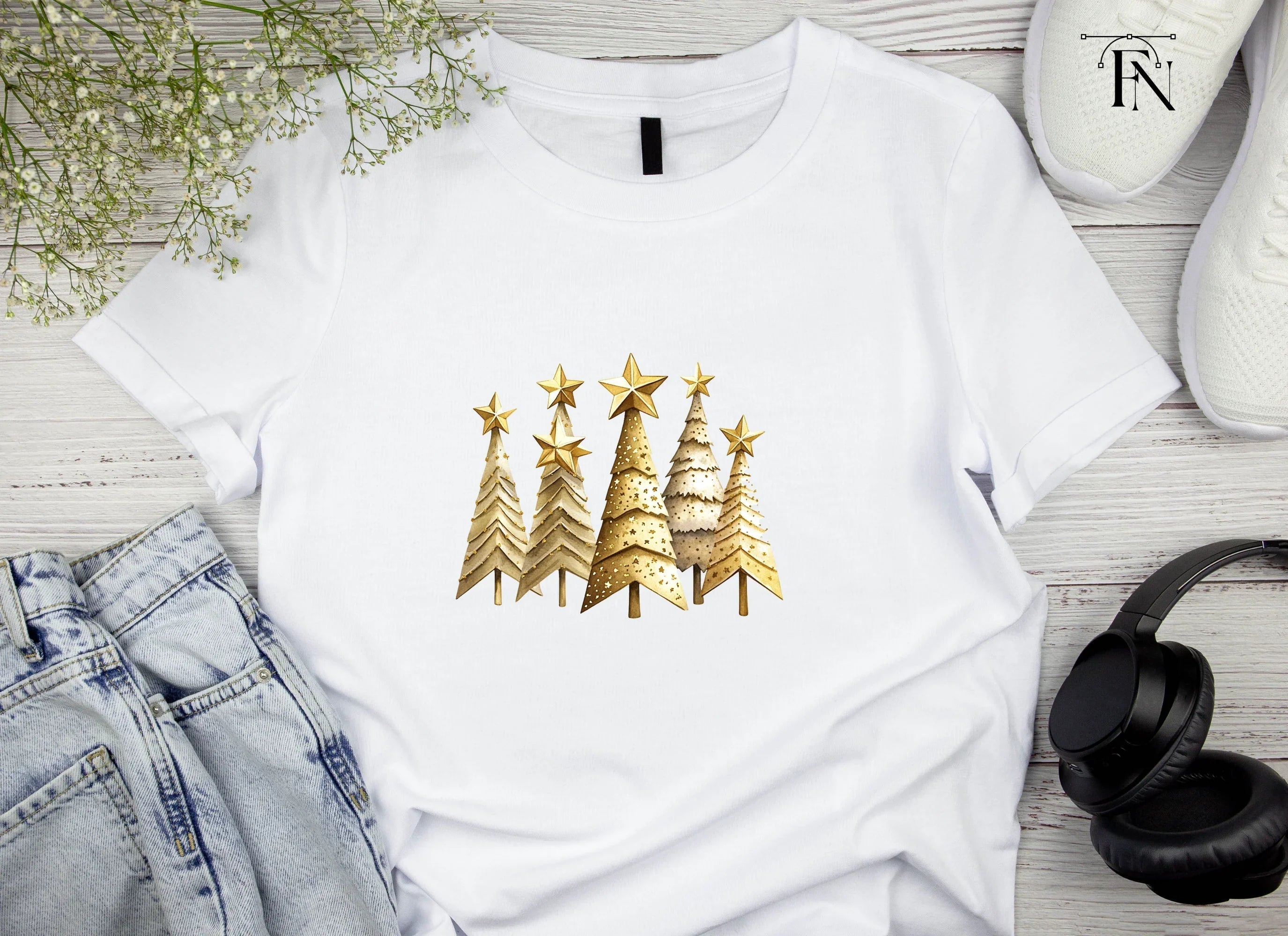Golden Christmas Trees Clipart Bundle