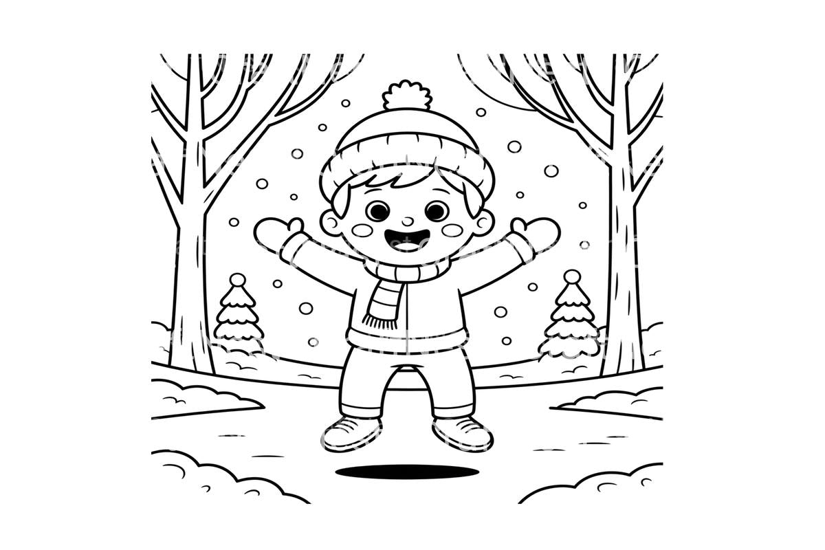 Happy Boy in Winter Forest Coloring Books