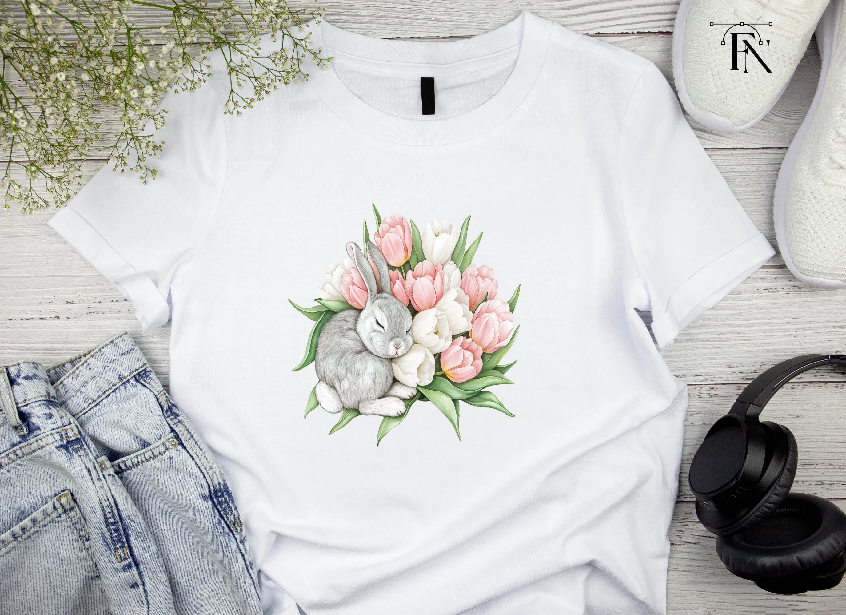 Sleeping Bunny in Tulip Bouquet Clipart Bundle