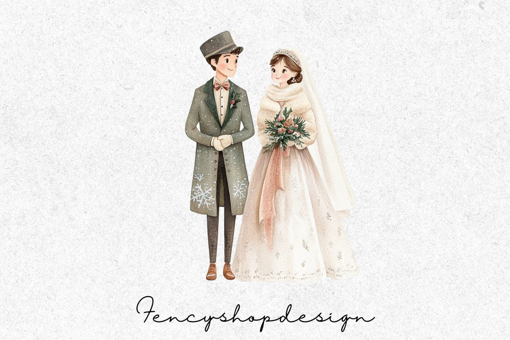 Winter Wedding Couple Clipart Bundle
