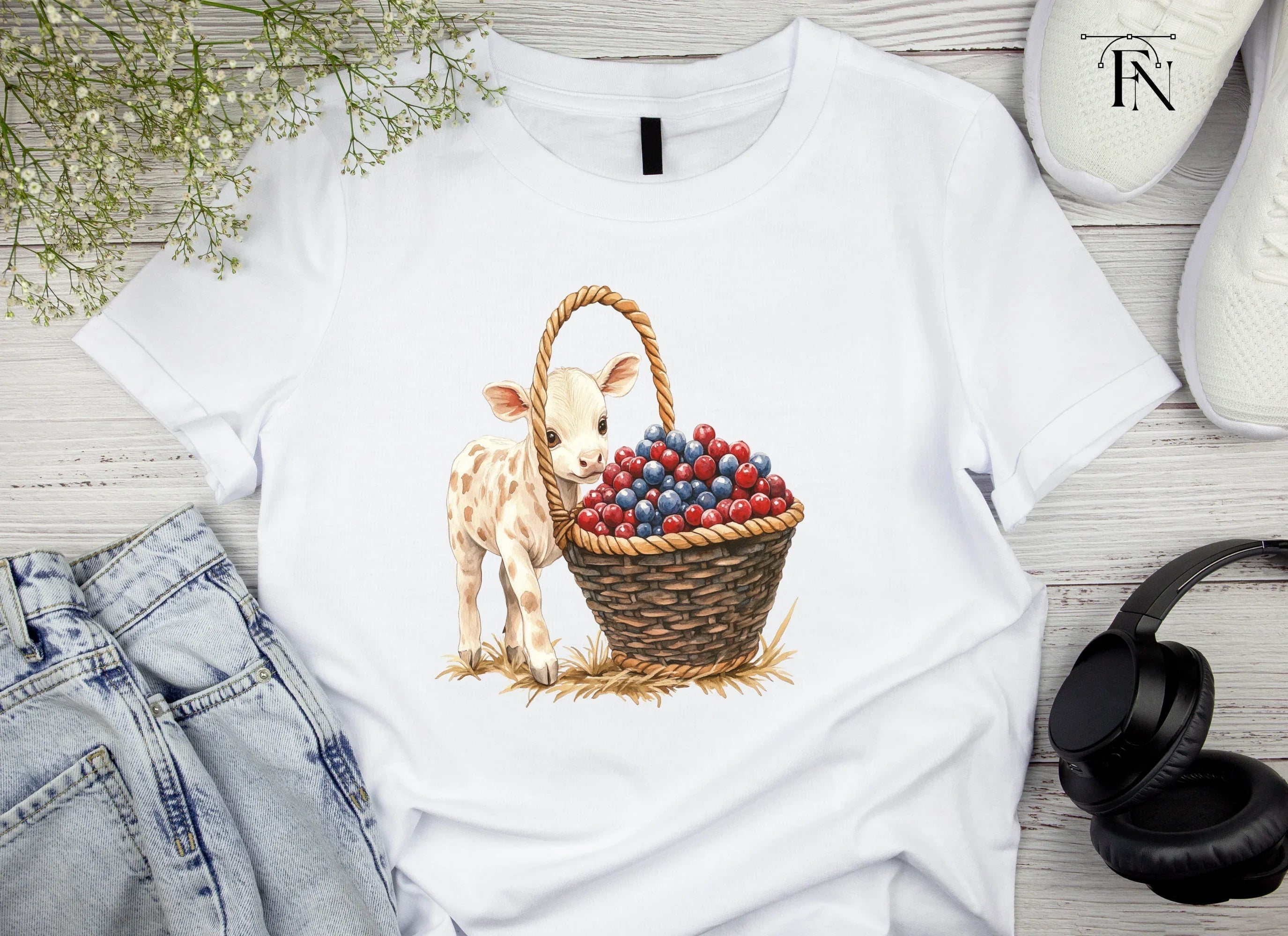 Cute Calf with Berry Basket Clipart Bundle