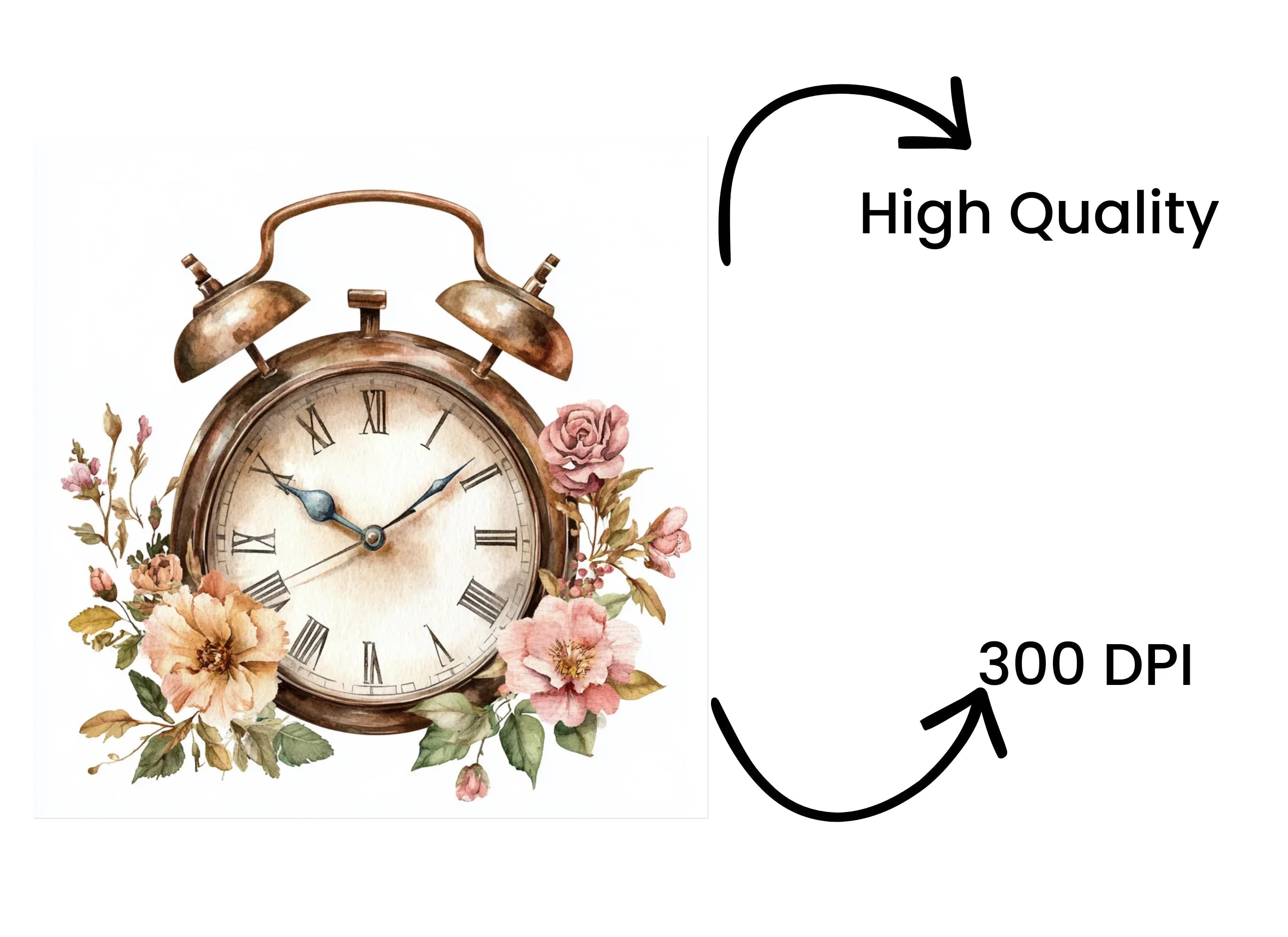 Vintage Floral Alarm Clock Clipart Bundle