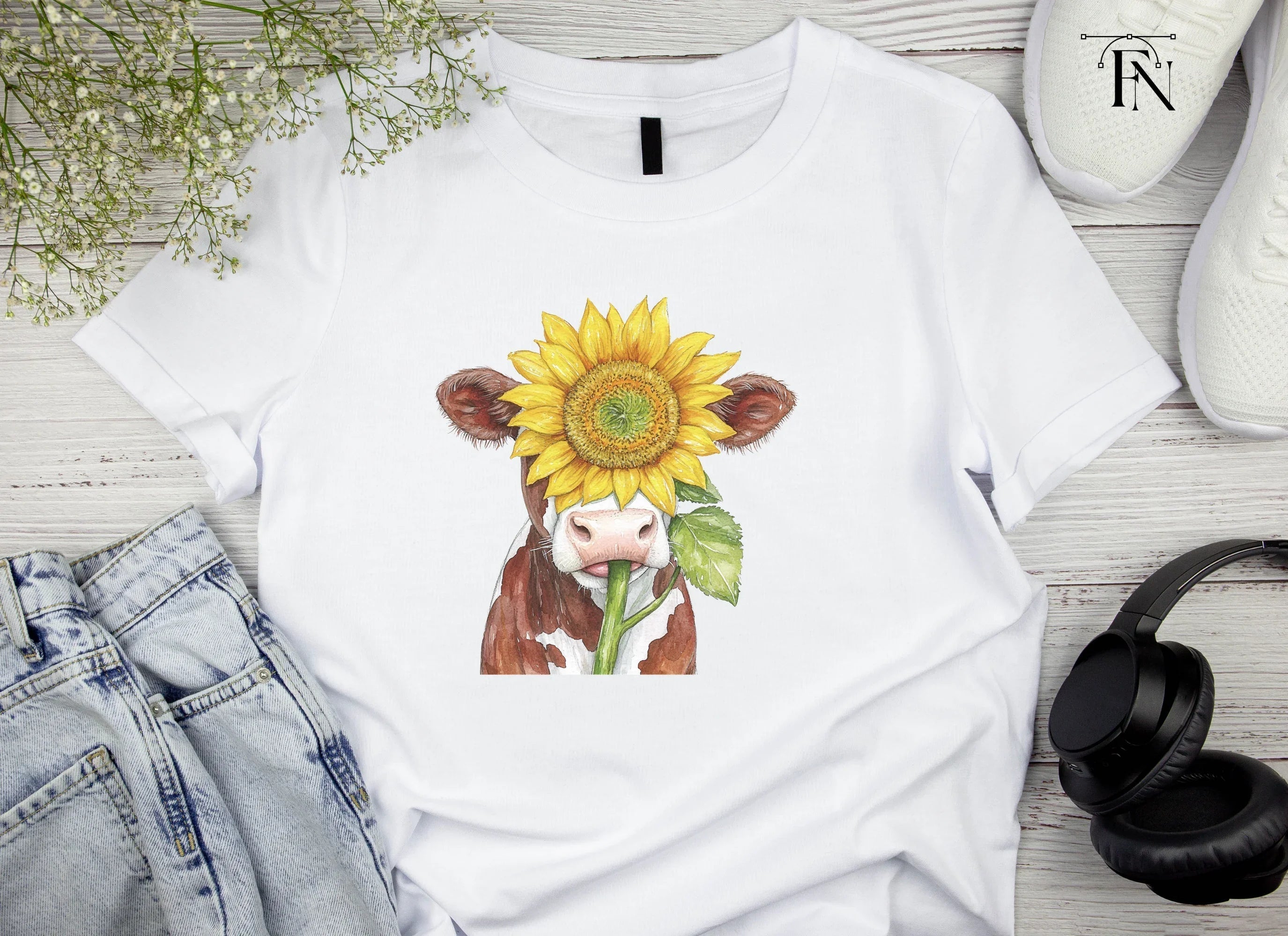 Cute Cow with Sunflower Clipart Bundle