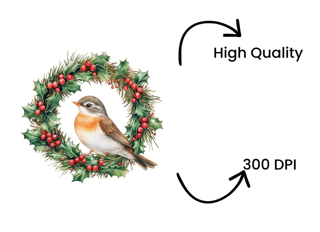 Christmas Holly Wreaths with Birds Clipart Bundle