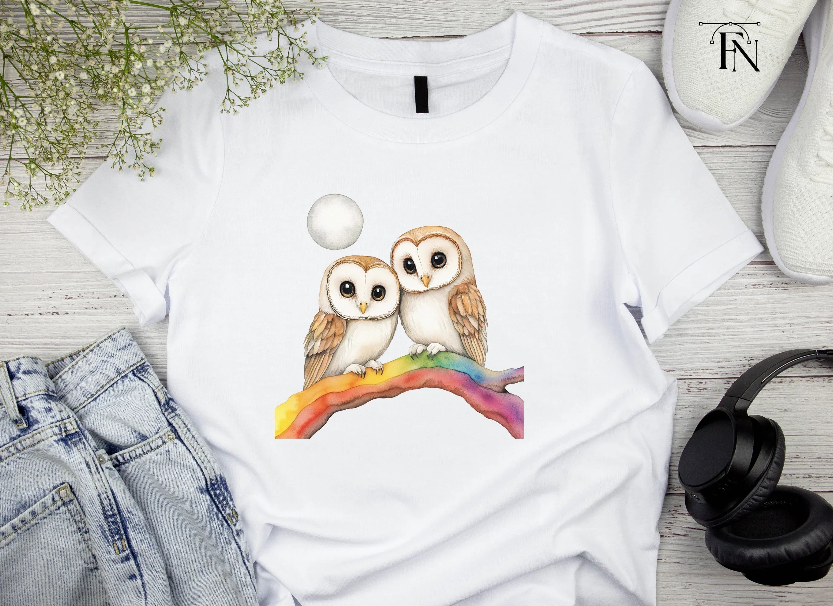 Cute Owl Couple on Rainbow Branch Clipart Bundle