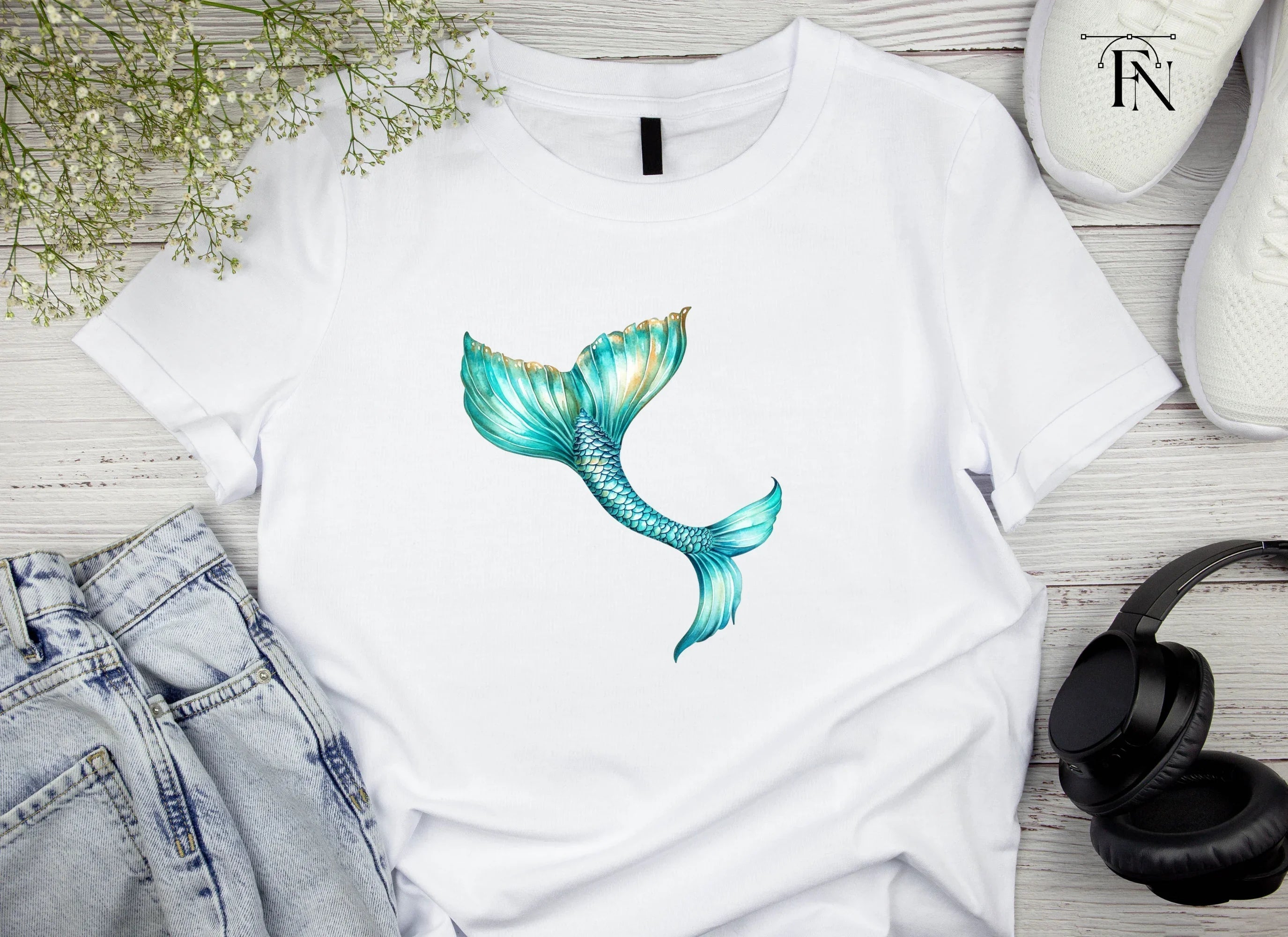 Teal and Gold Mermaid Tail Clipart Bundle