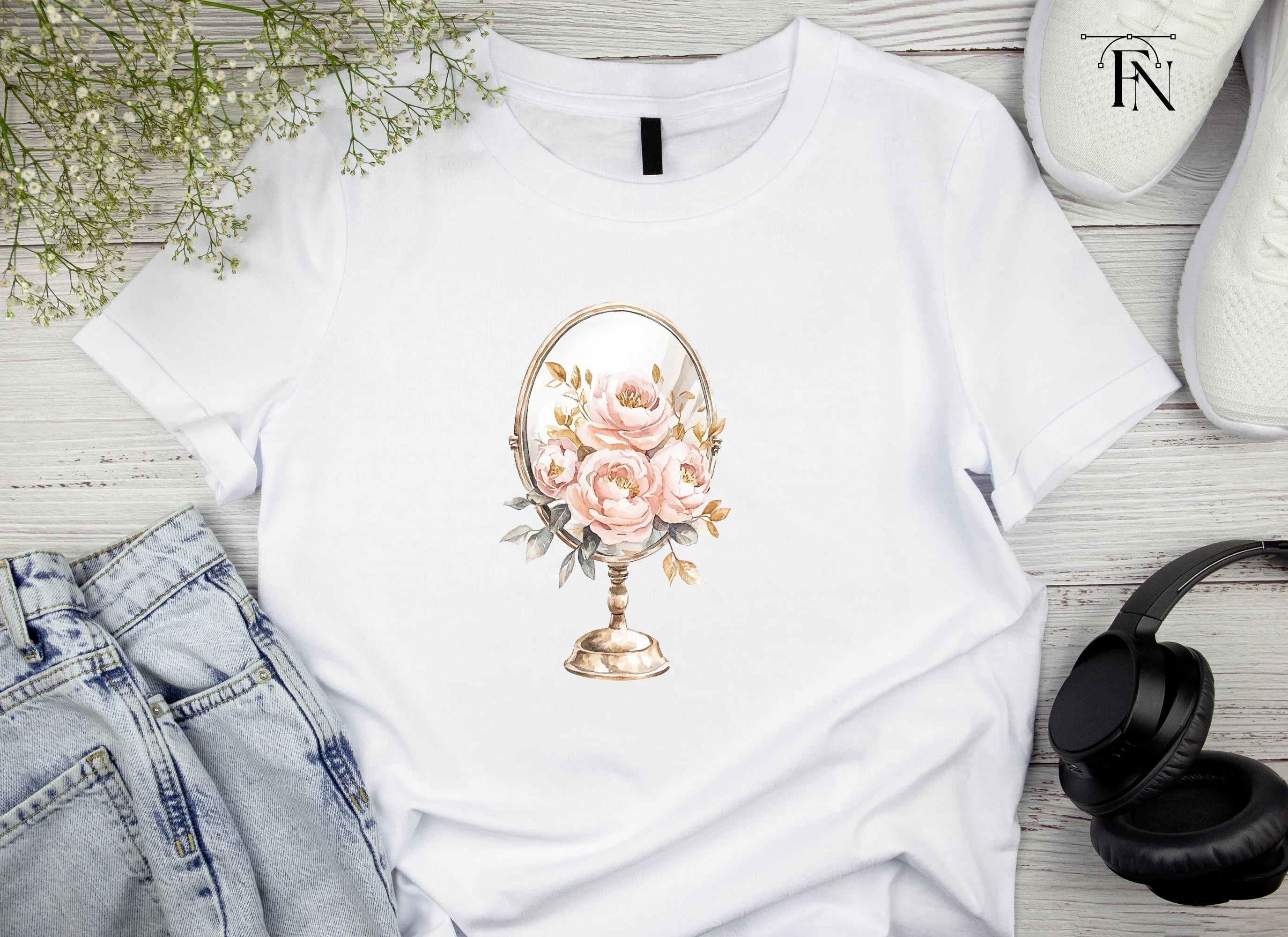 Vintage Mirror with Pink Roses Clipart Bundle
