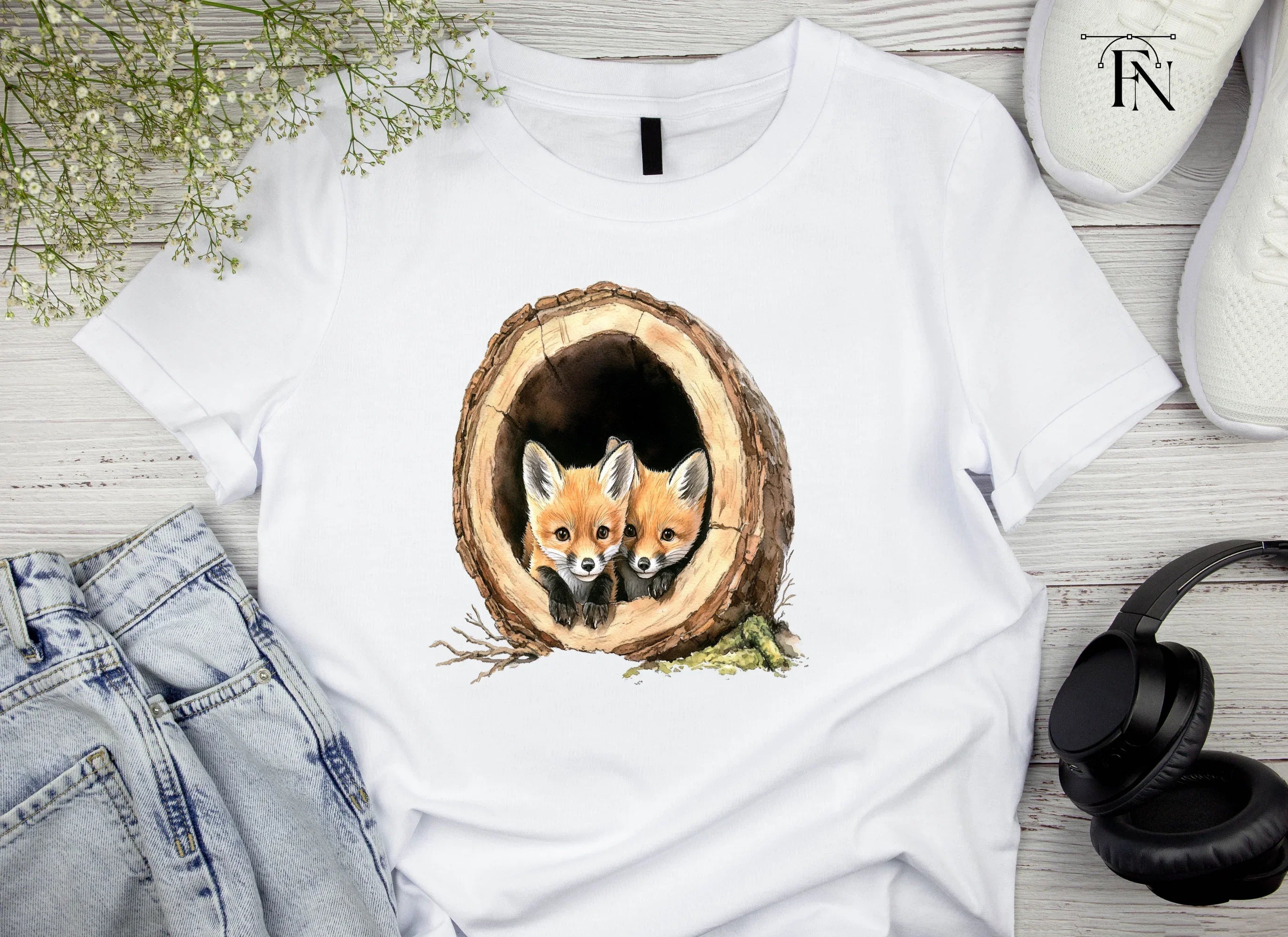 Baby Foxes in Log and Snow Clipart Bundle