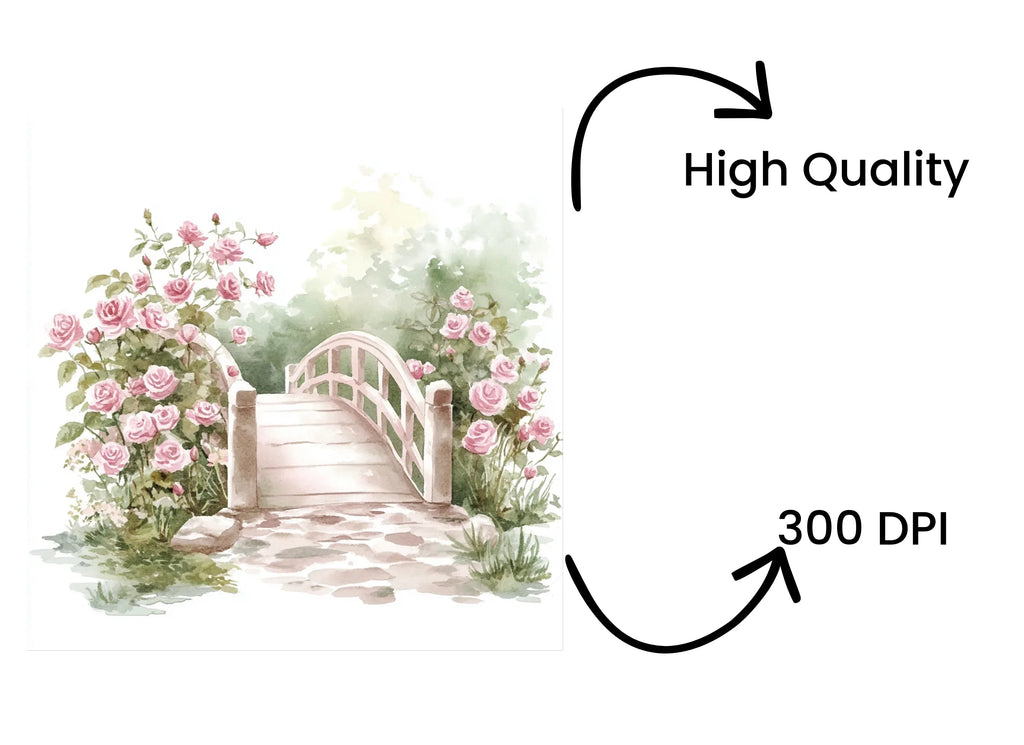 Pink Rose Garden Bridge Clipart Bundle