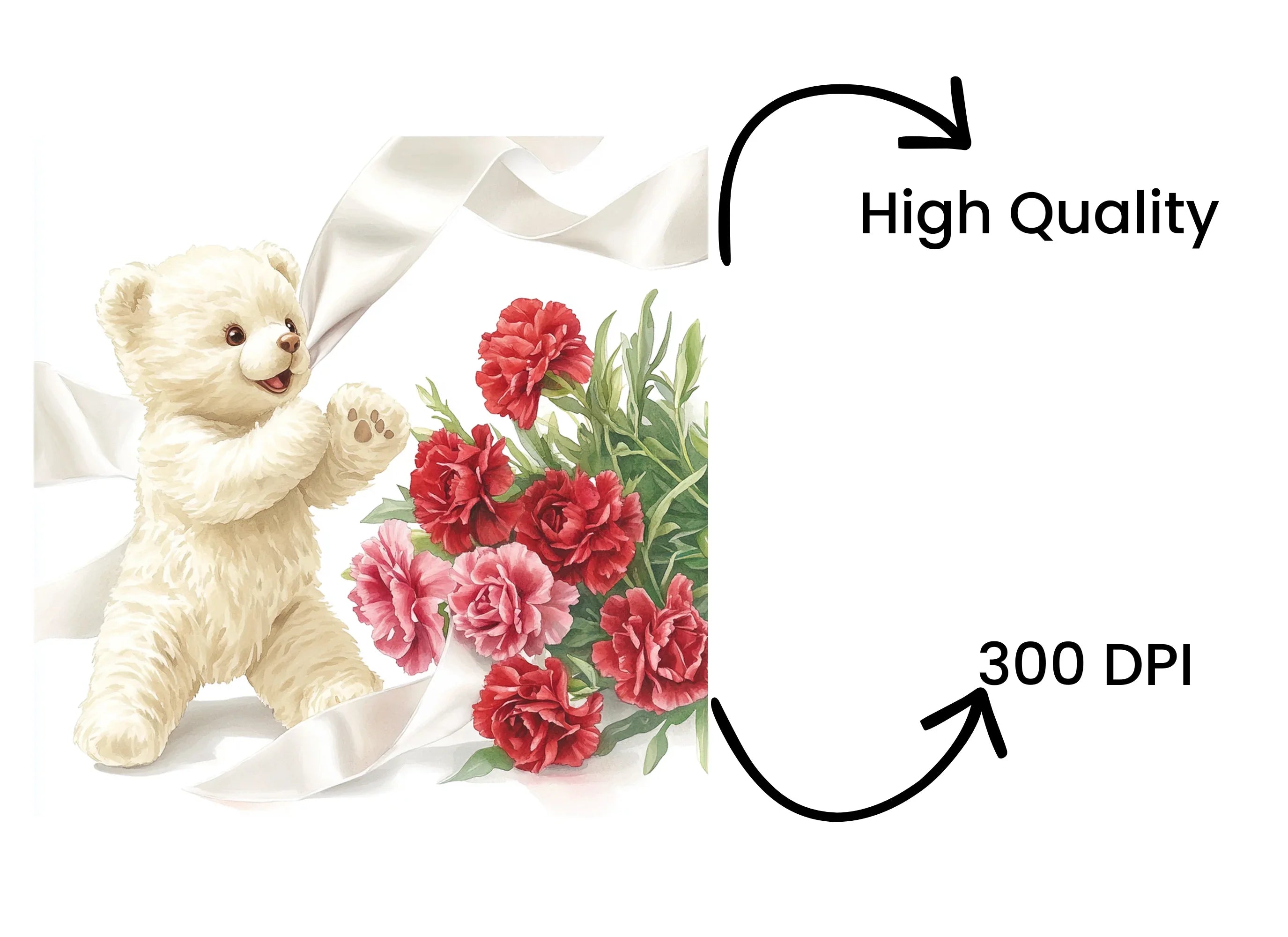 Cute Teddy Bears with Carnation Bouquets Clipart Bundle