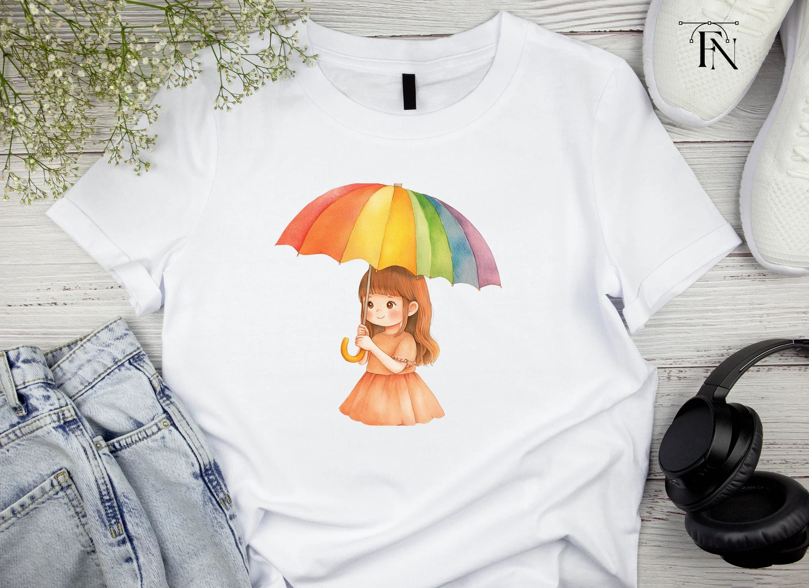 Cute Girl with Rainbow Umbrella Clipart Bundle