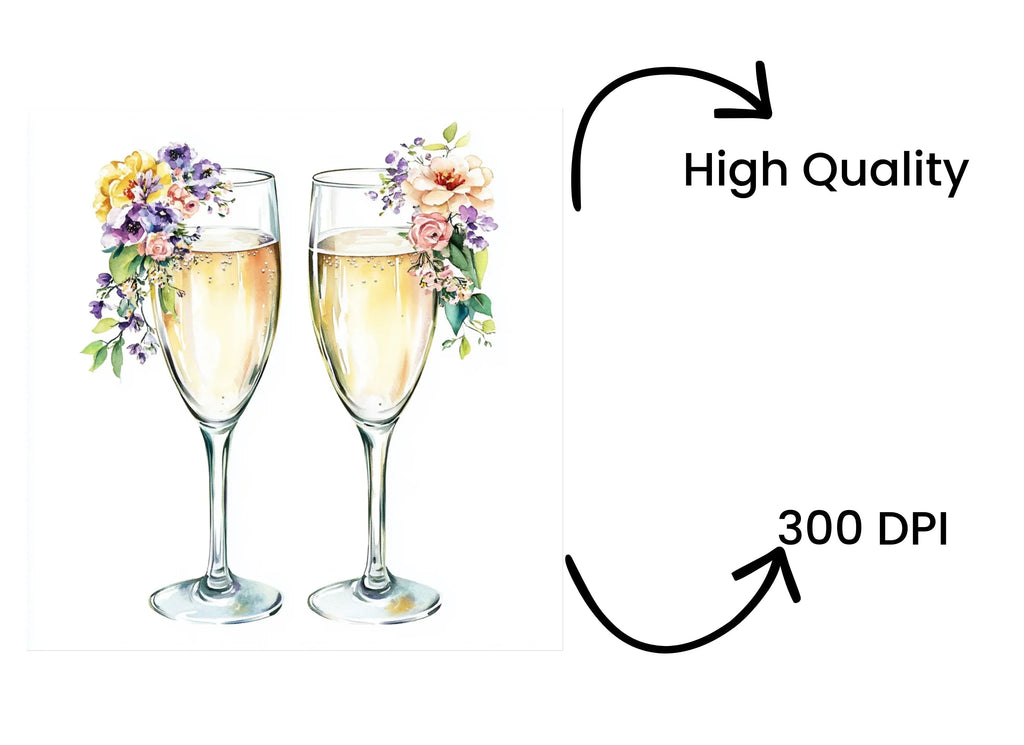 Floral Champagne Glasses Clipart Bundle