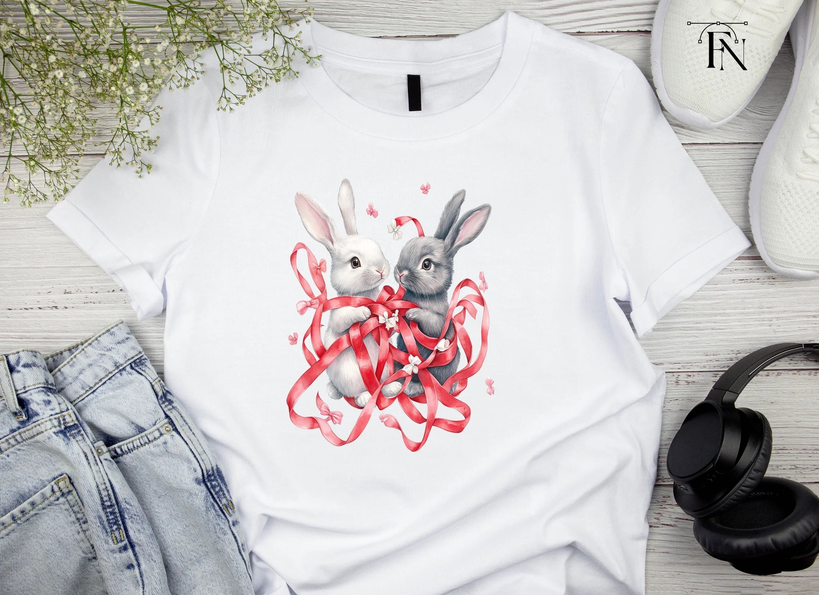 Cute Bunny Couple with Red Ribbons Clipart Bundle