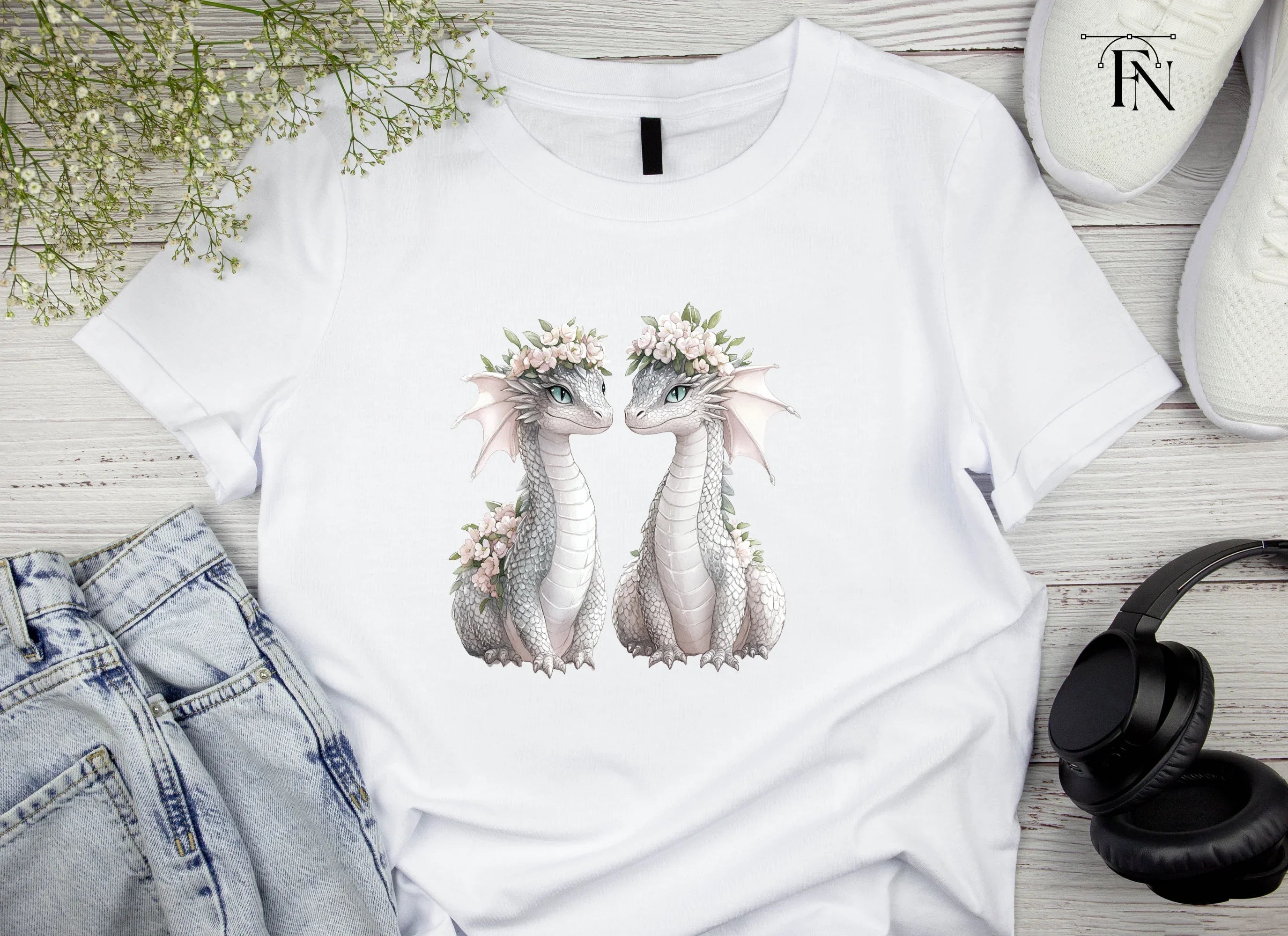 Floral Crown Baby Dragon Clipart Bundle