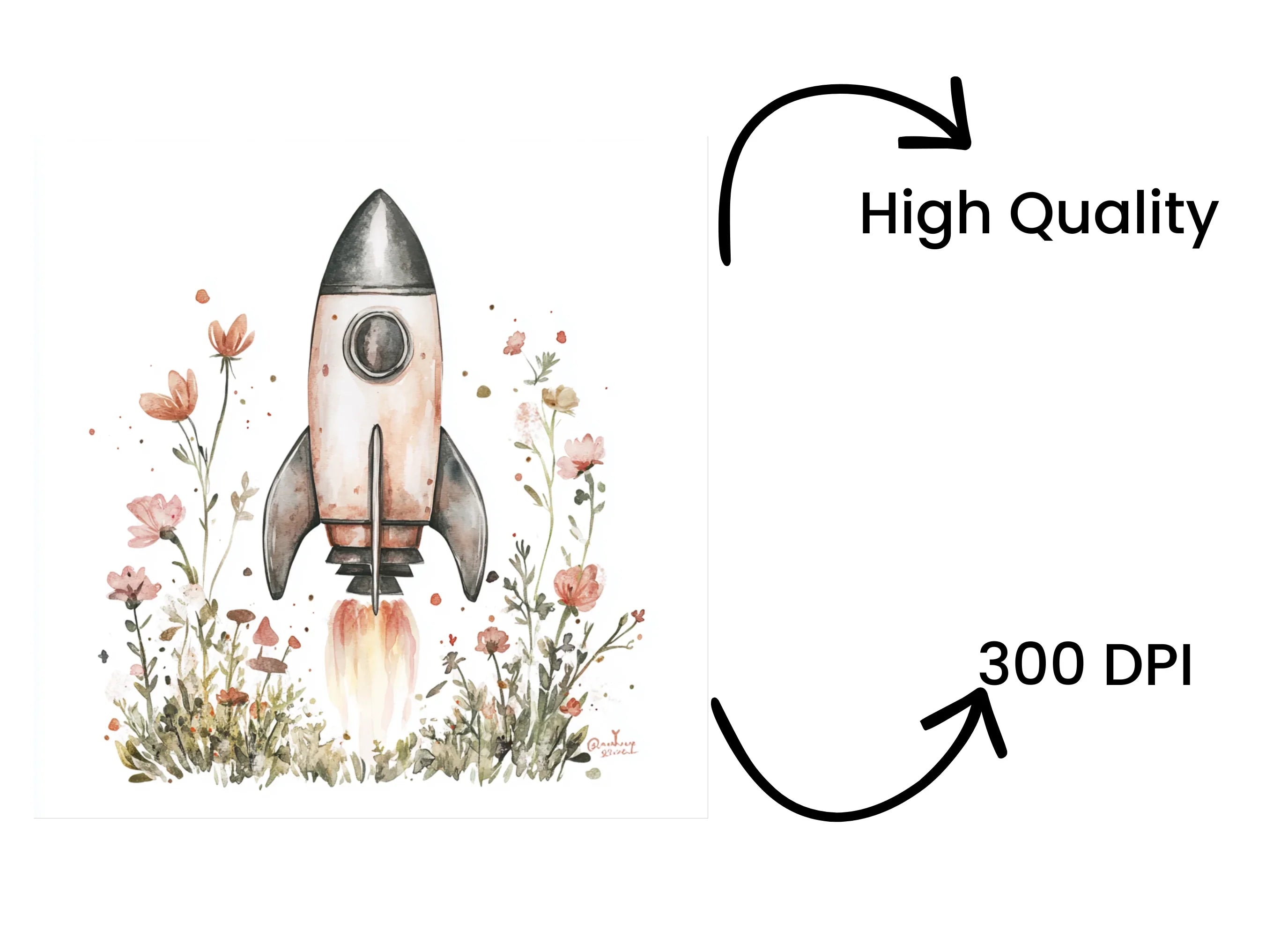 Whimsical Rocket with Flowers Clipart Bundle