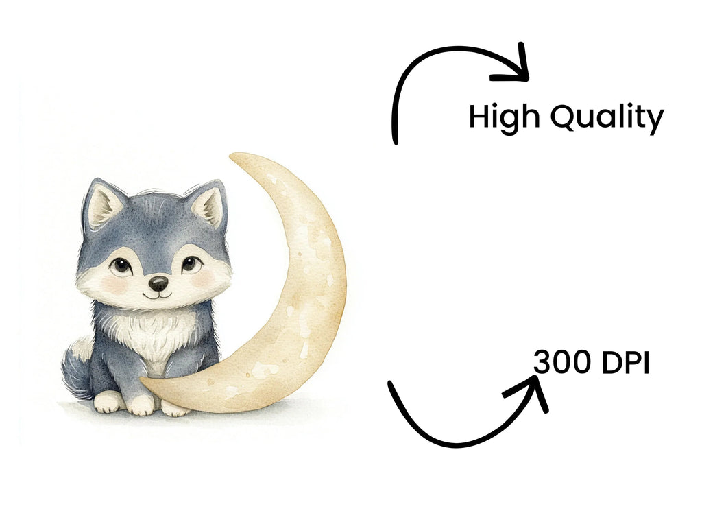 Cute Baby Wolf on Moon Clipart Bundle