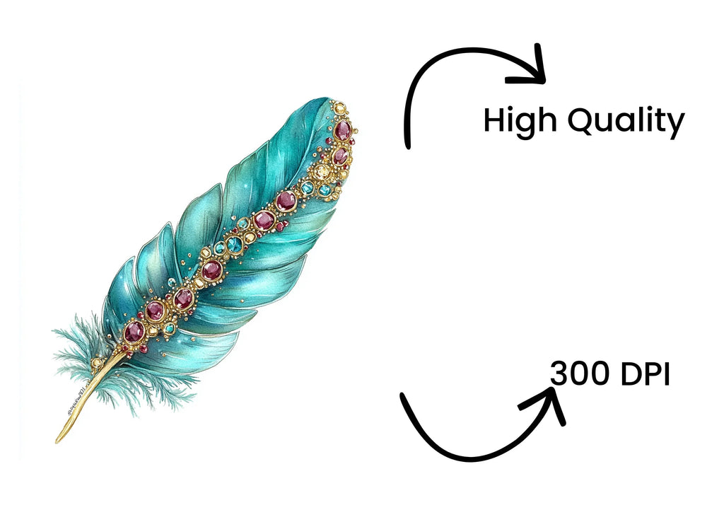 Vibrant Teal Jeweled Feather Clipart Bundle