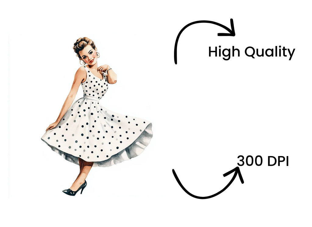 Retro 50s Polka Dot Dress Woman Clipart Bundle