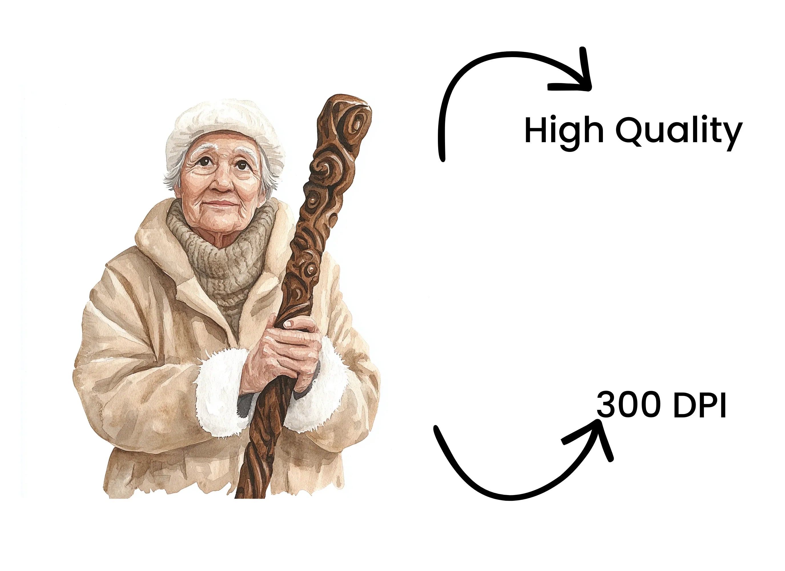 Elderly Woman with Carved Staff Clipart Bundle