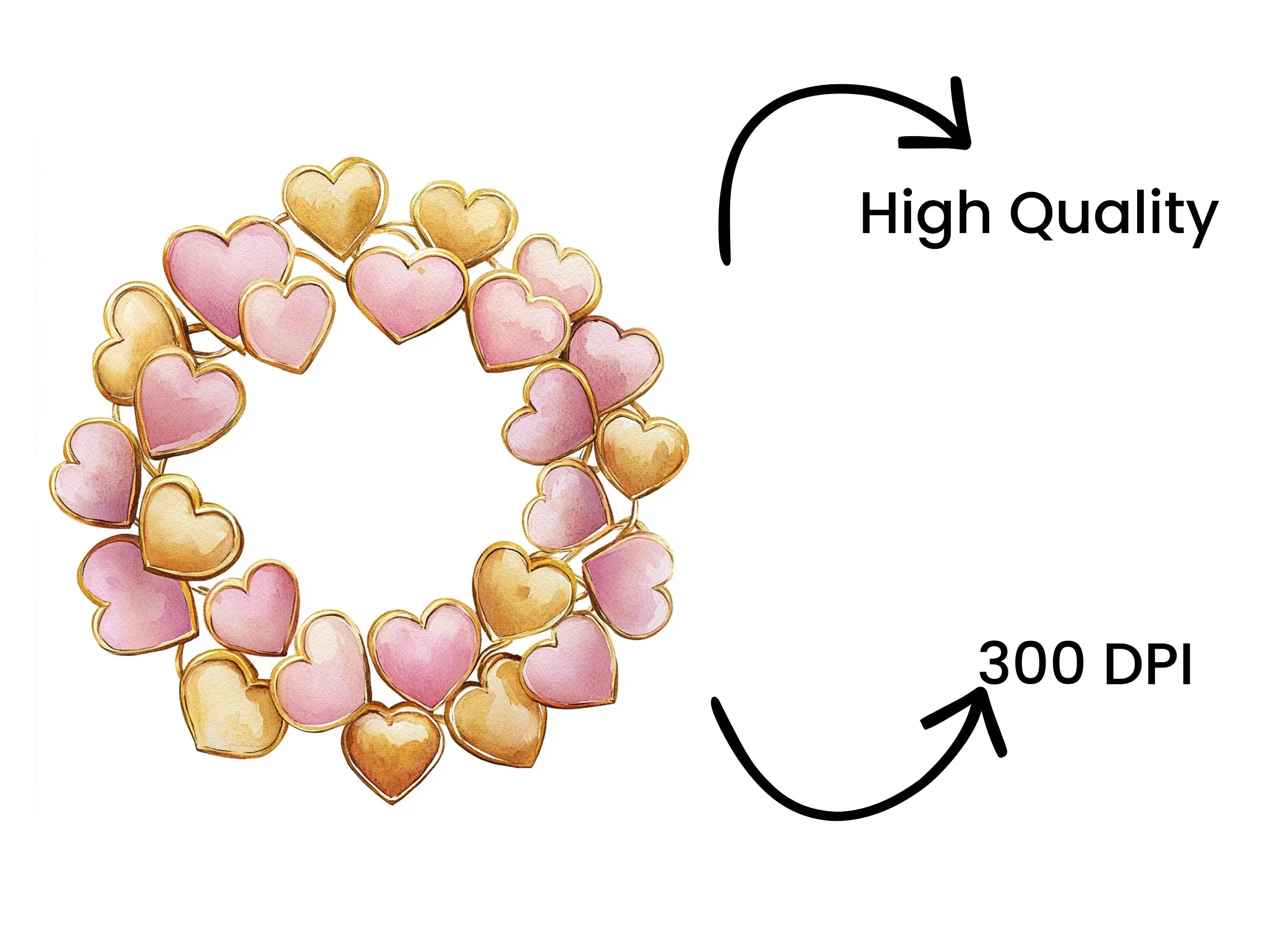 Pink and Gold Heart Wreaths Clipart Bundle