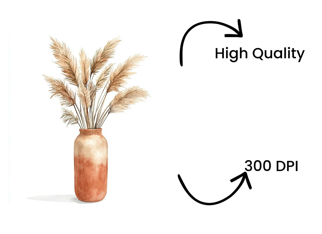 Boho Pampas Grass in Clay Pot Clipart Bundle