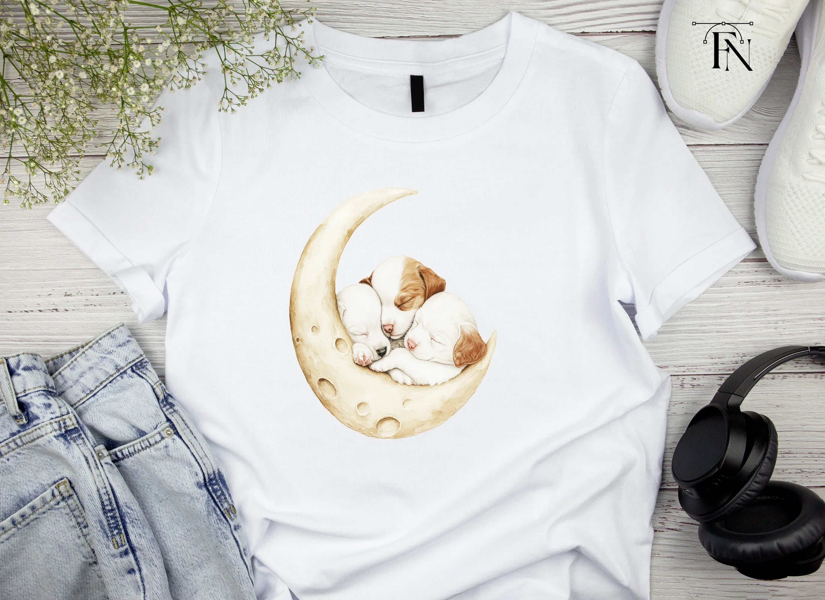 Sleeping Puppies on Moon Clipart Bundle