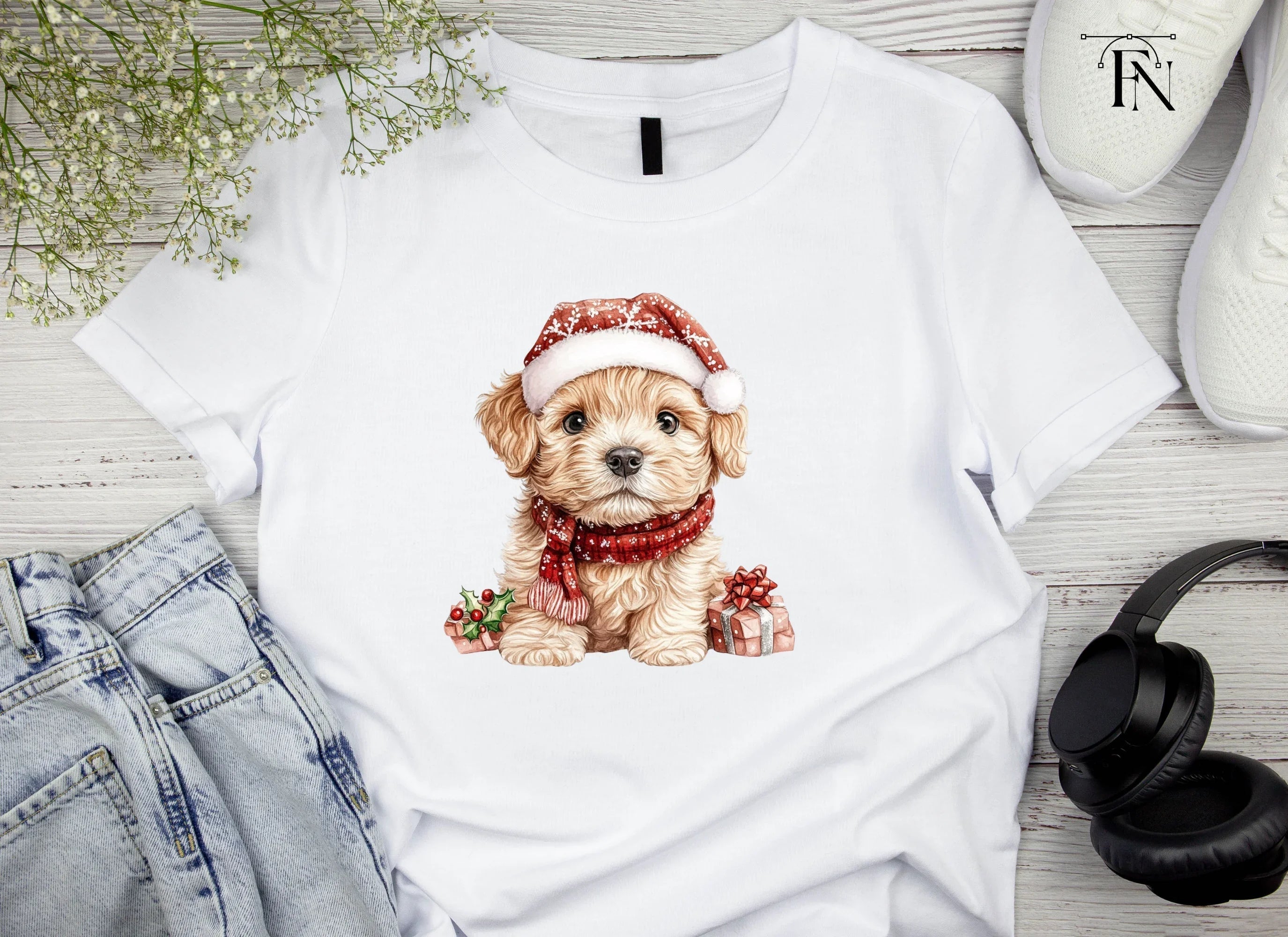 Cute Puppy in Santa Hat Clipart Bundle