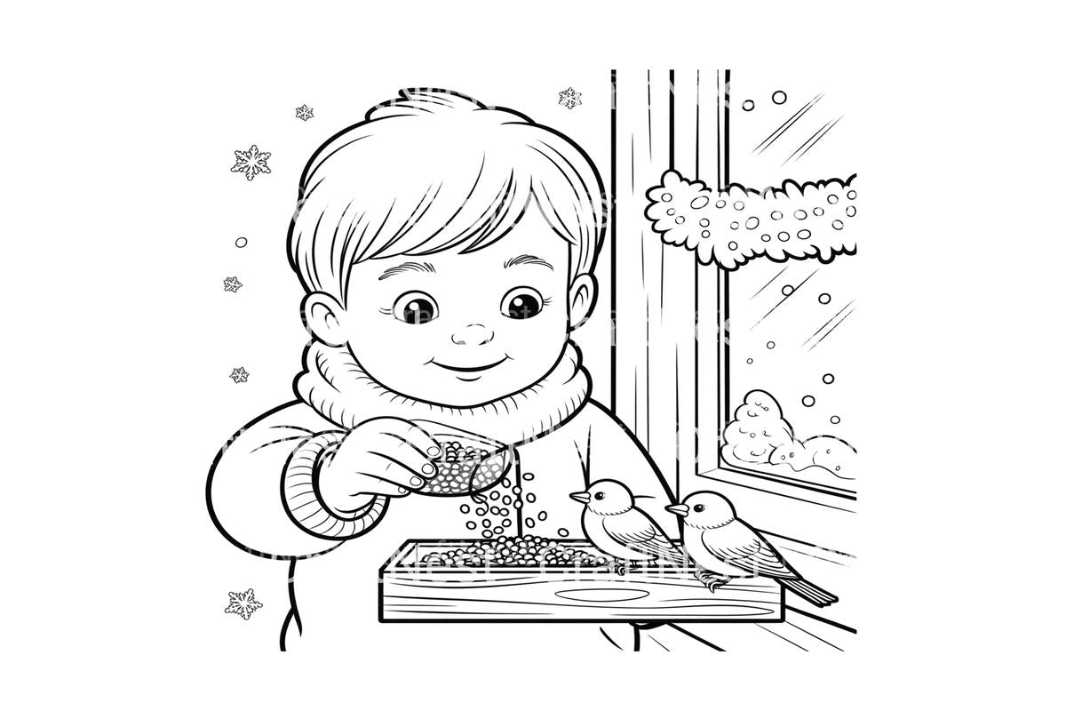 Boy Feeding Birds in Winter Coloring Books