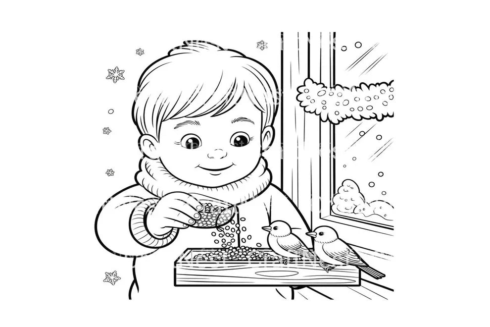 Boy Feeding Birds in Winter Coloring Books