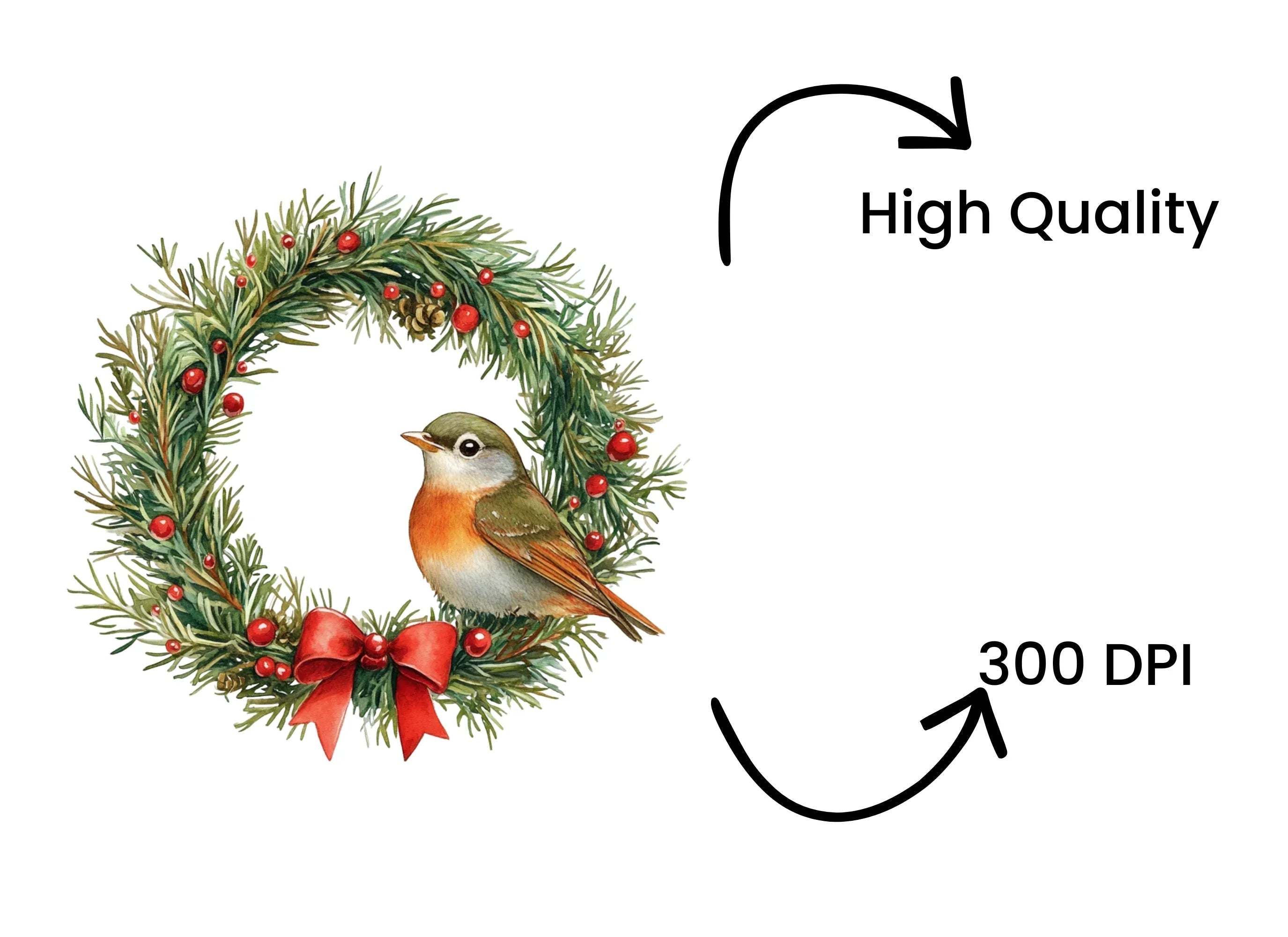Christmas Bird in Pine Wreath Clipart Bundle
