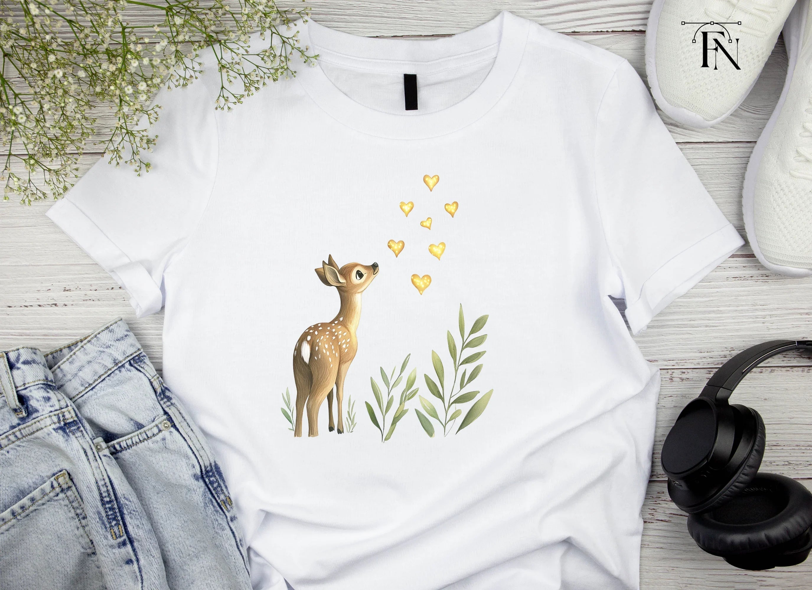 Cute Fawn with Golden Hearts Clipart Bundle