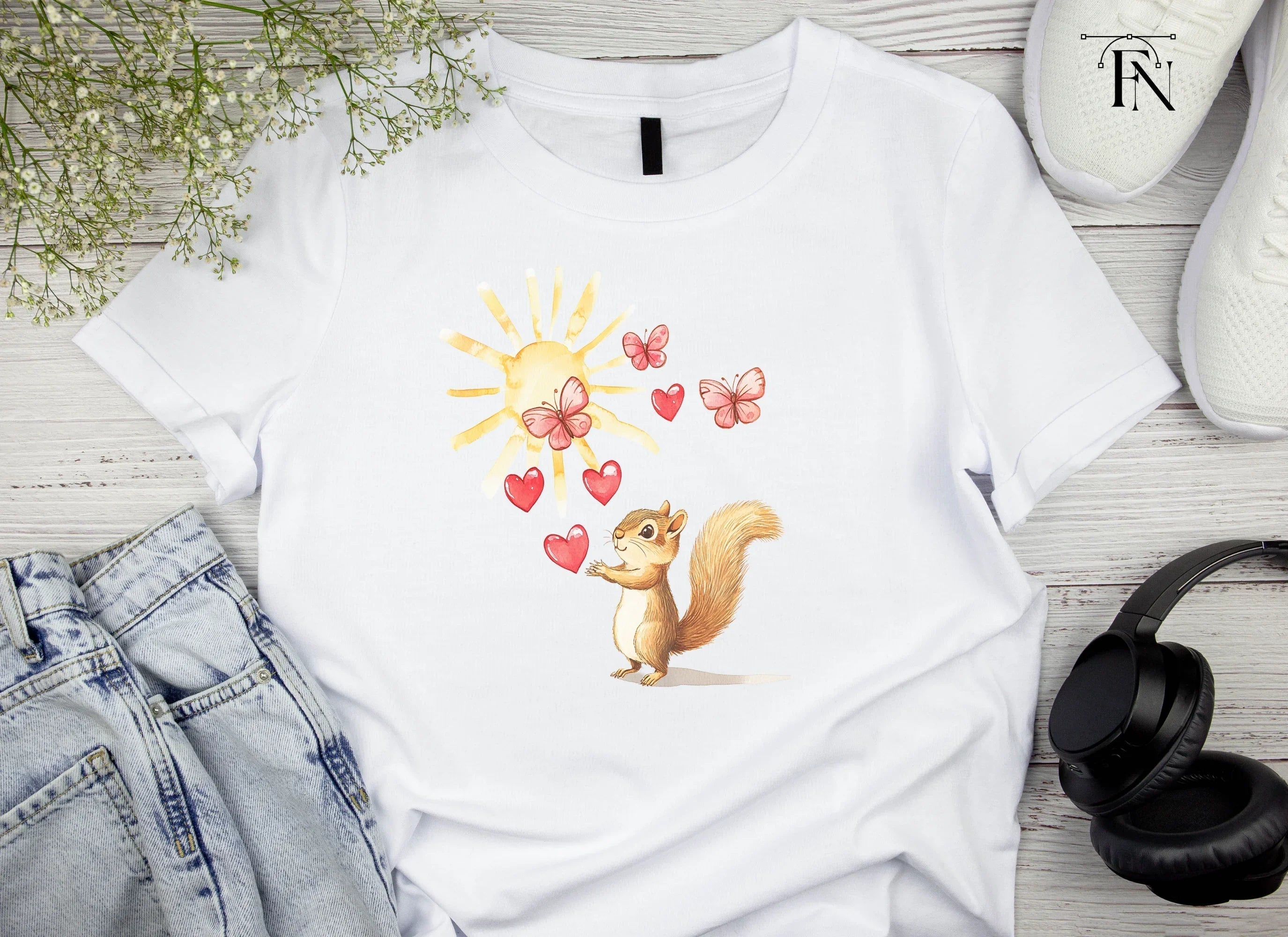 Happy Squirrel with Hearts and Butterflies Clipart Bundle