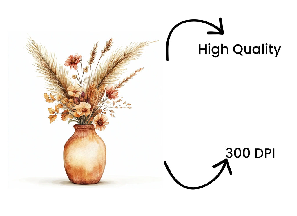 Boho Pampas Grass & Floral Vases Clipart Bundle