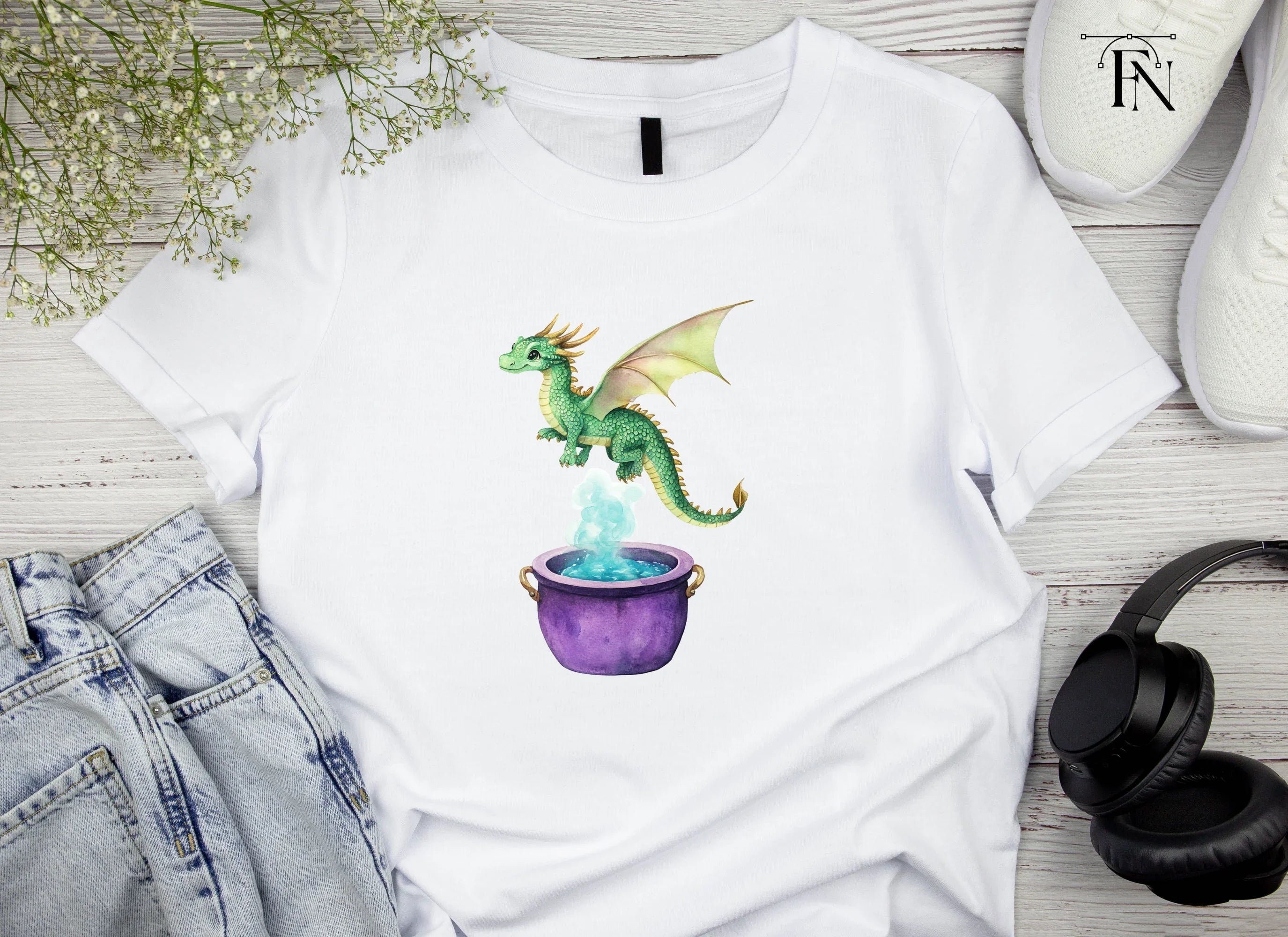 Green Dragon Flying Over Cauldron Clipart Bundle