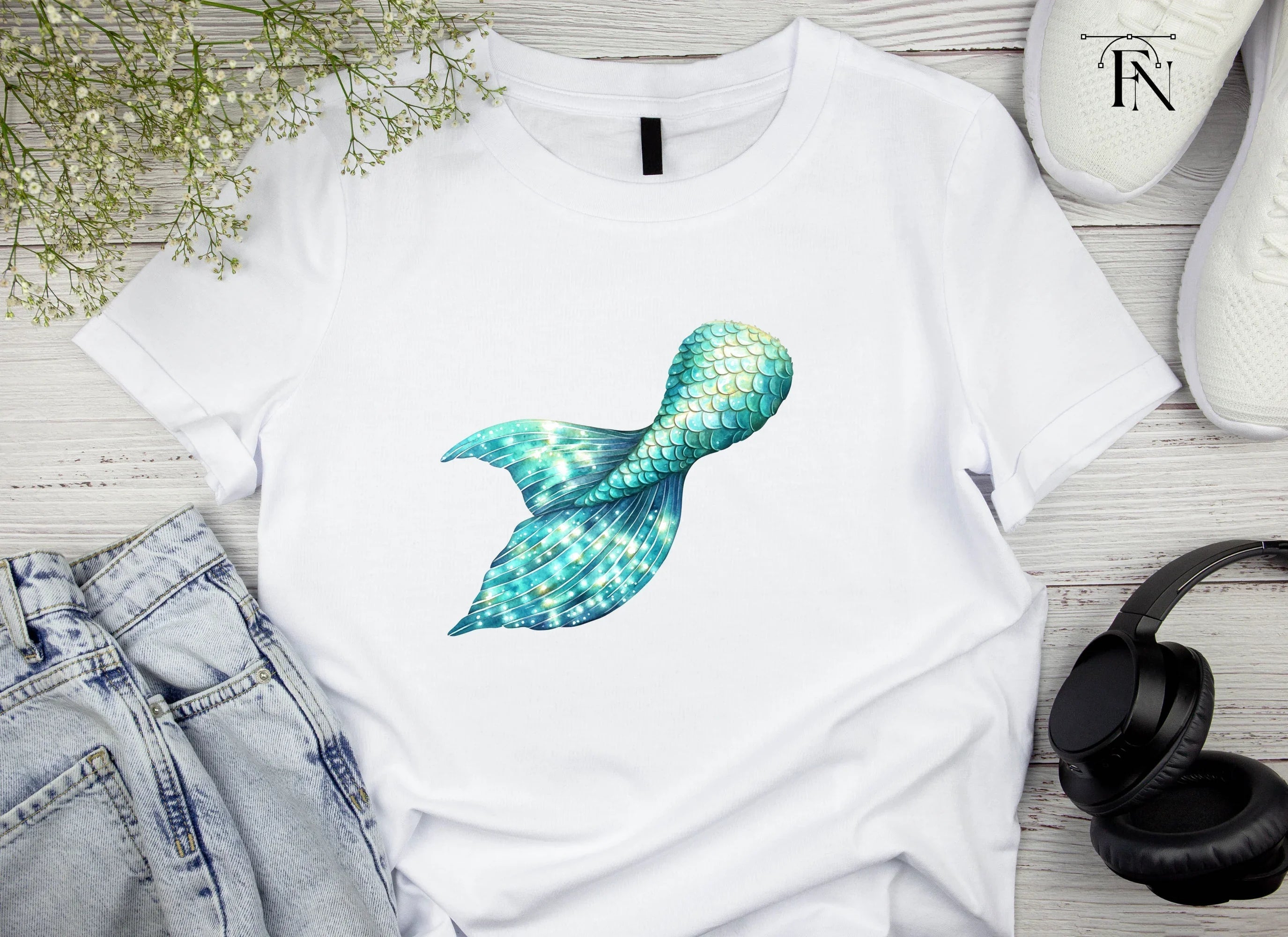 Glittering Blue Mermaid Tail Clipart Bundle