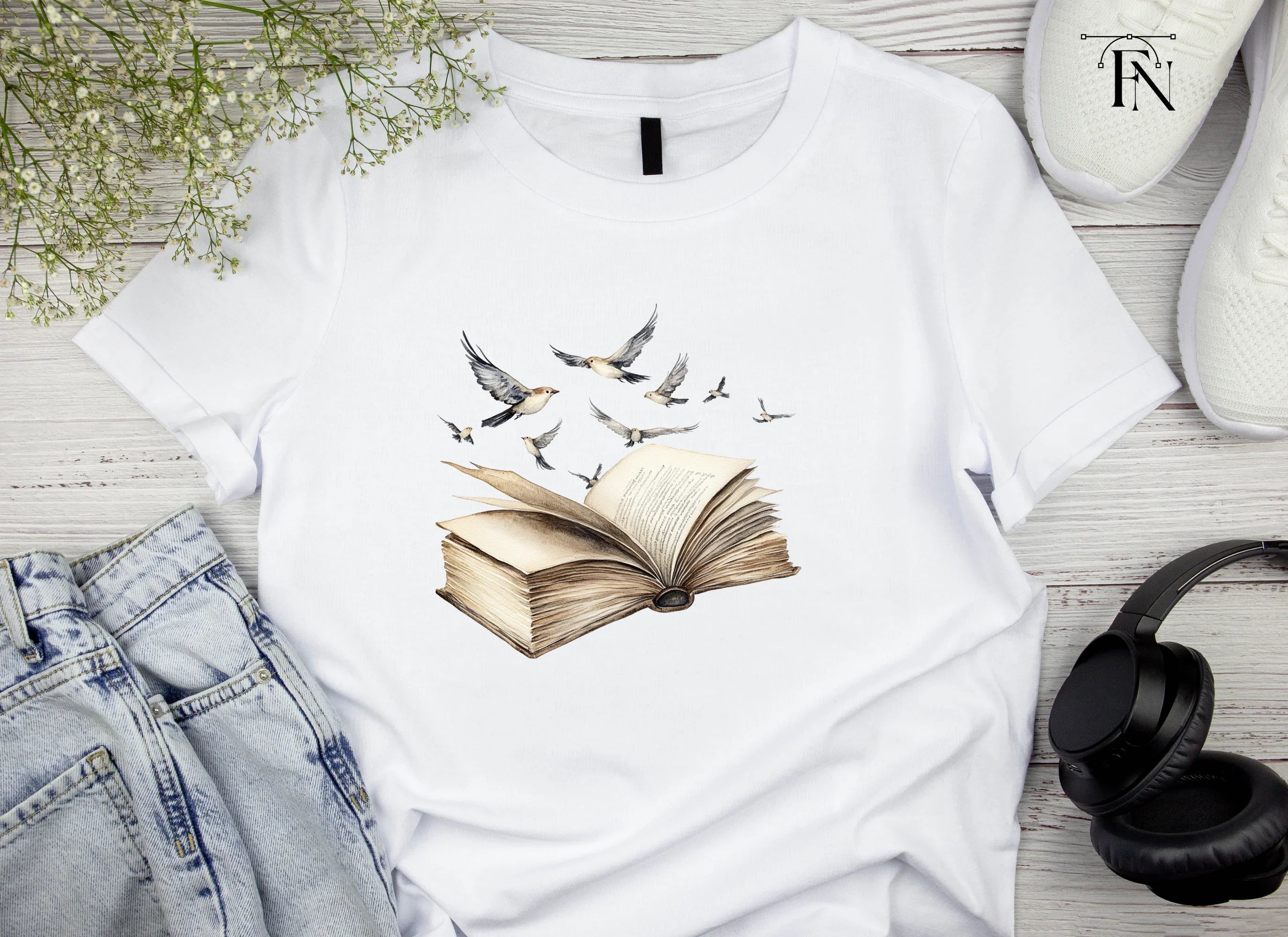 Vintage Books and Flying Birds Clipart Bundle