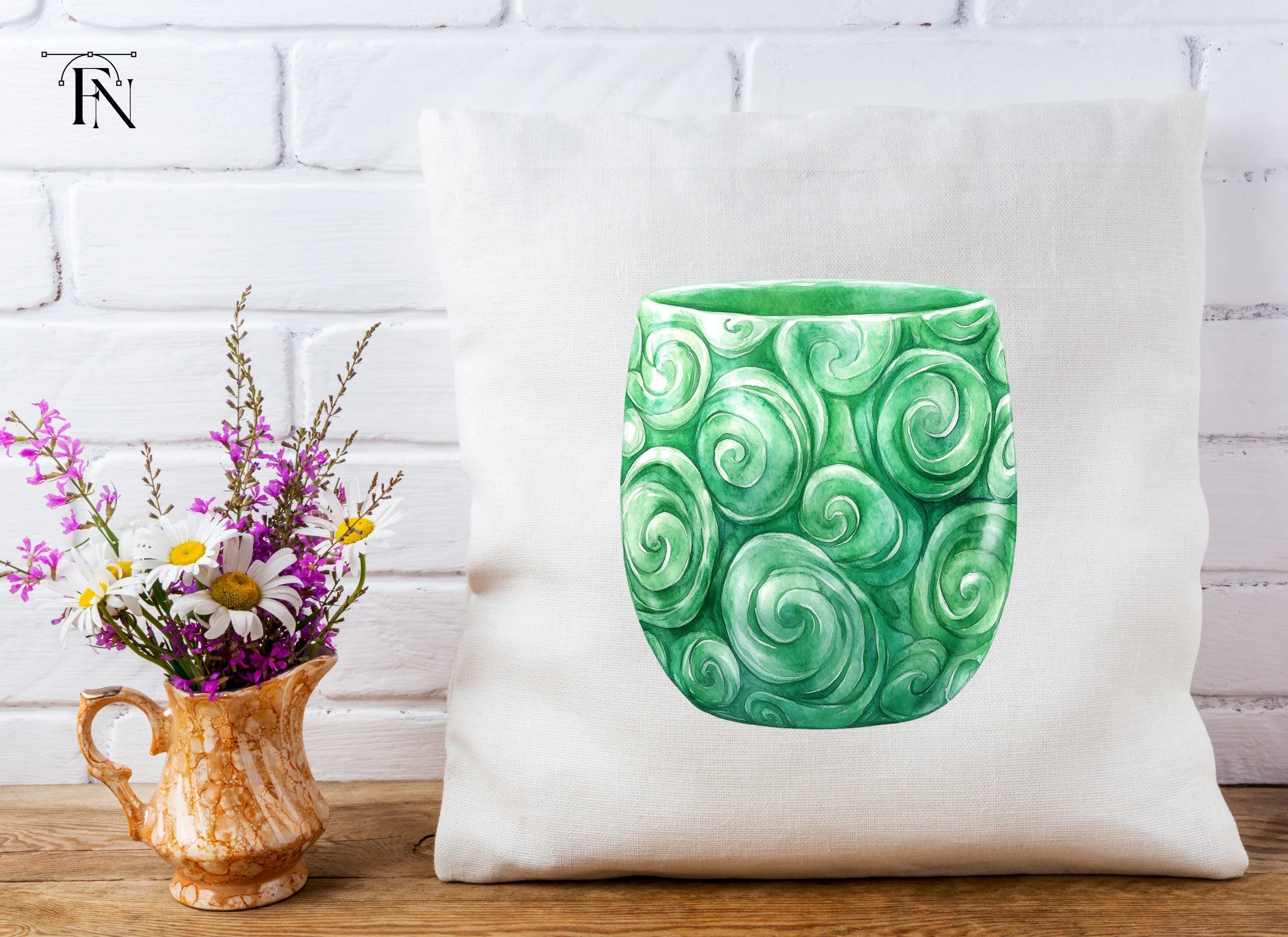 Green Swirl Patterned Jade Cup Clipart Bundle