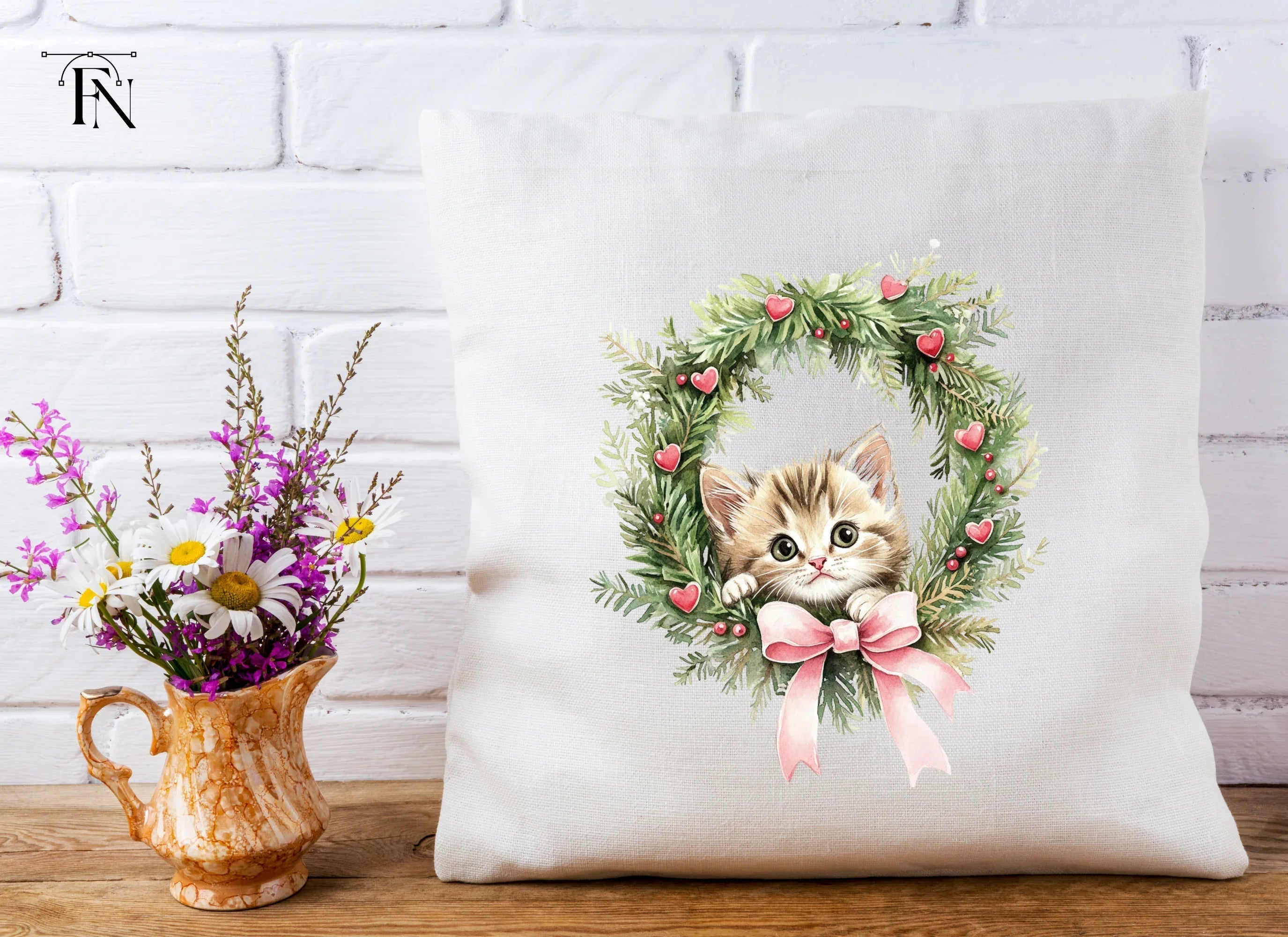 Cute Kitten Christmas Wreath Clipart Bundle