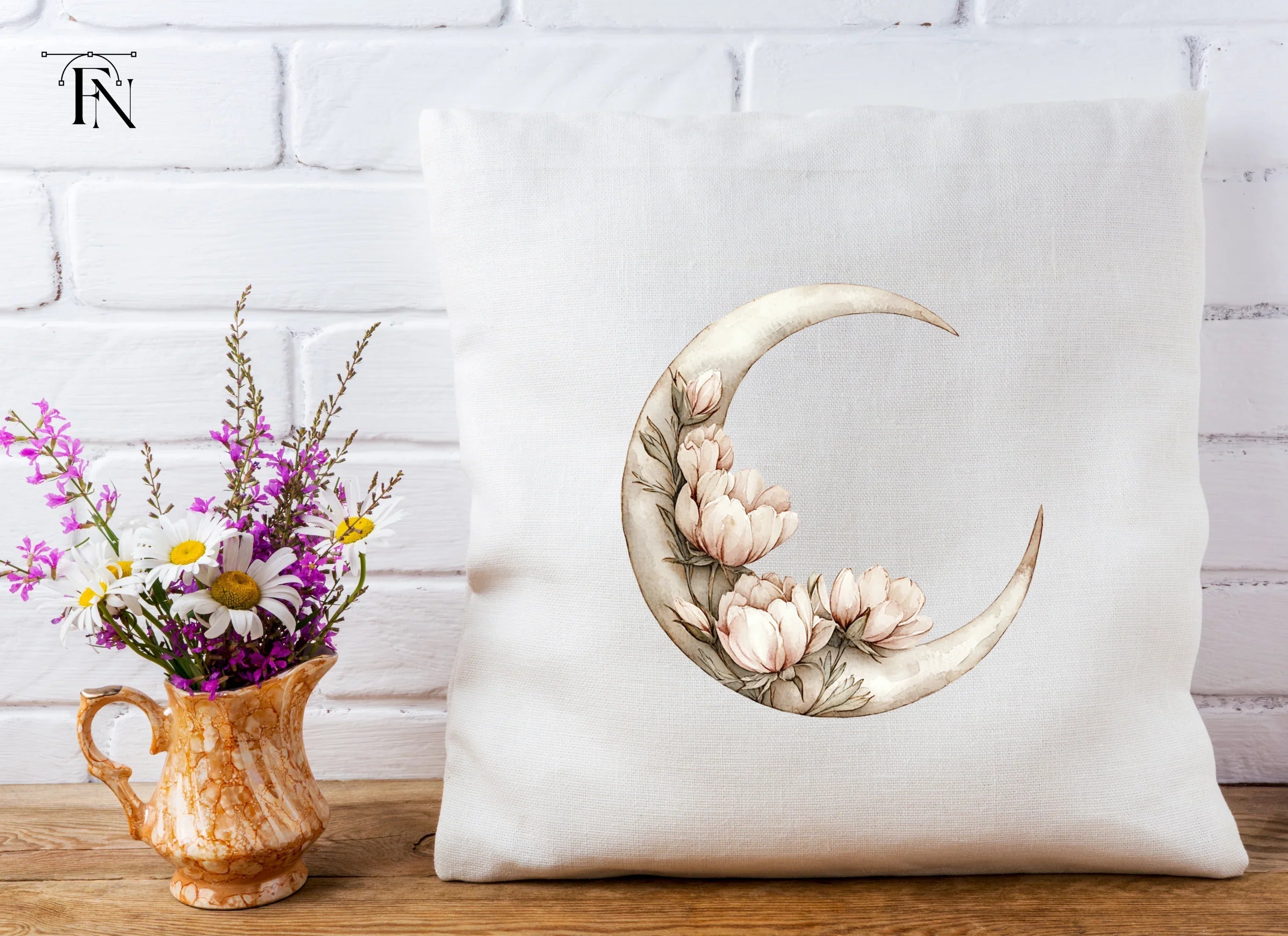 Floral Crescent Moon Clipart Bundle