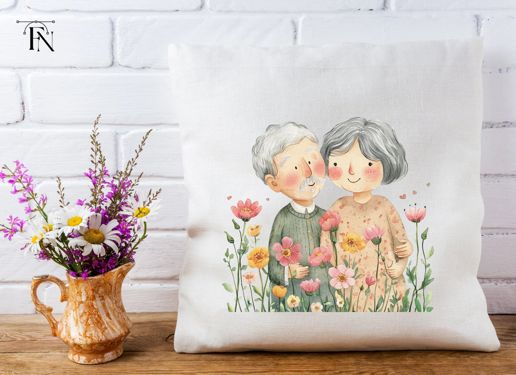 Cute Elderly Couple in Flower Garden Clipart Bundle
