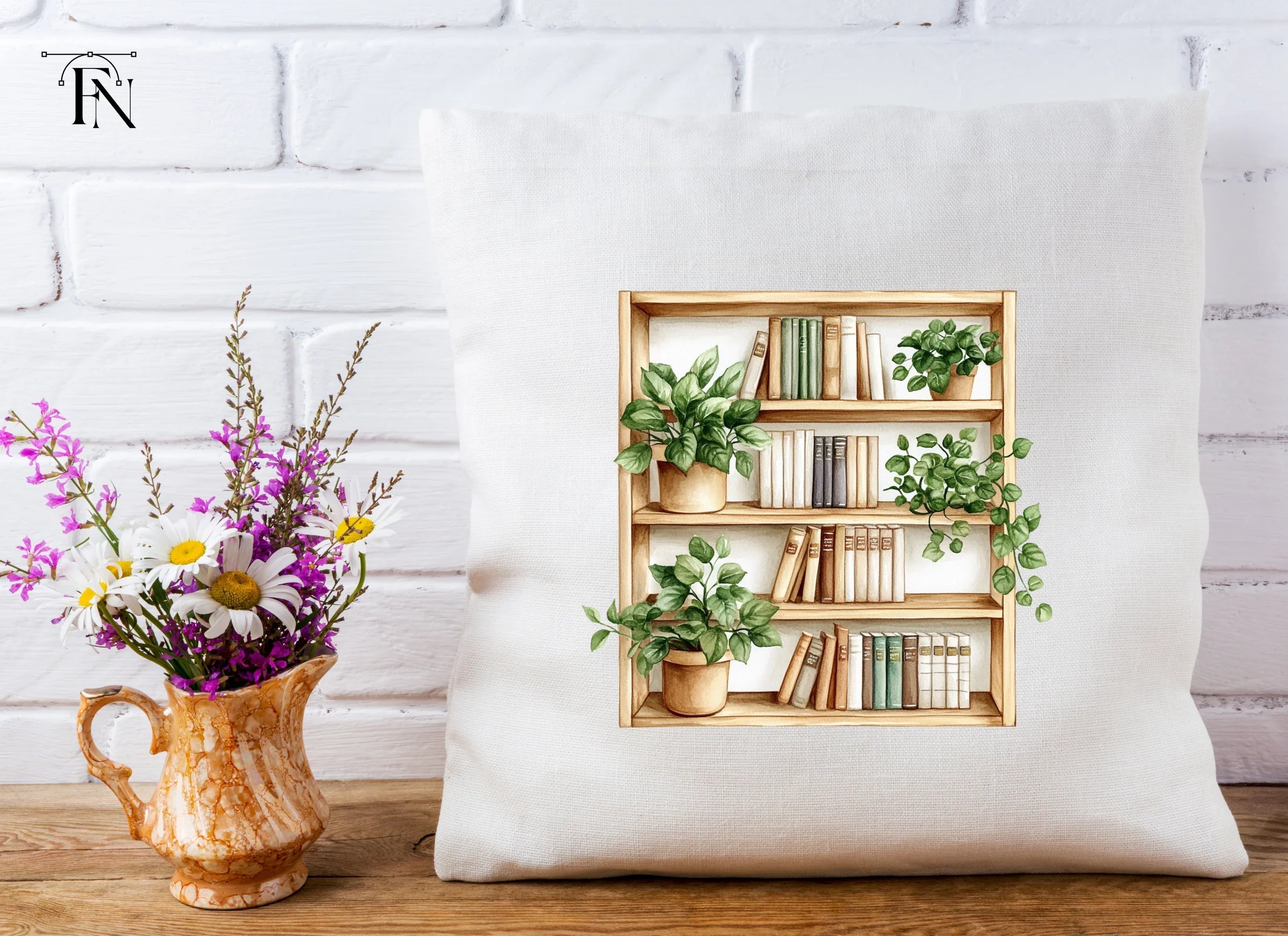 Wooden Bookshelf with Plants Clipart Bundle