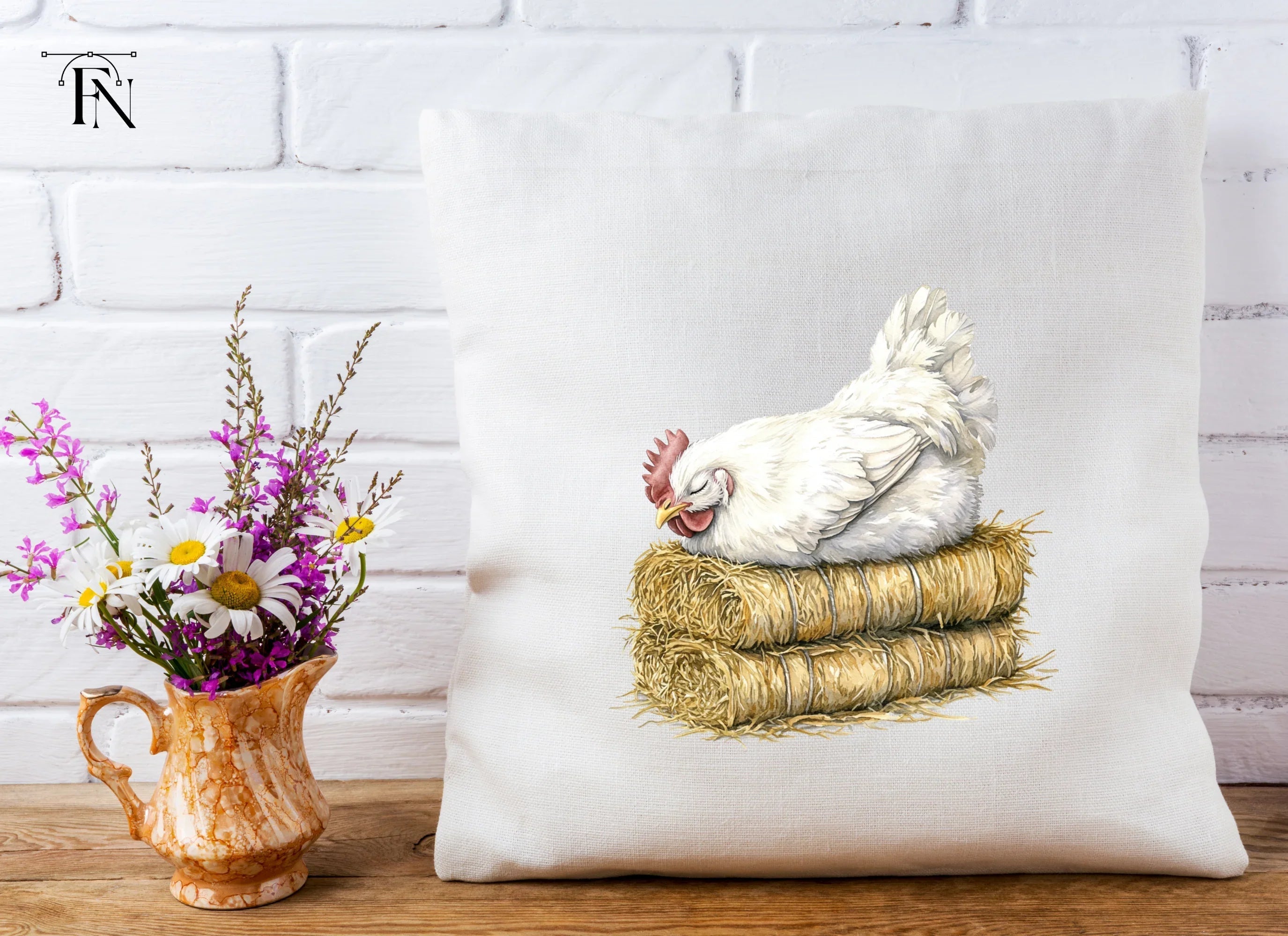 Sleeping White Chickens on Hay Bales Clipart Bundle
