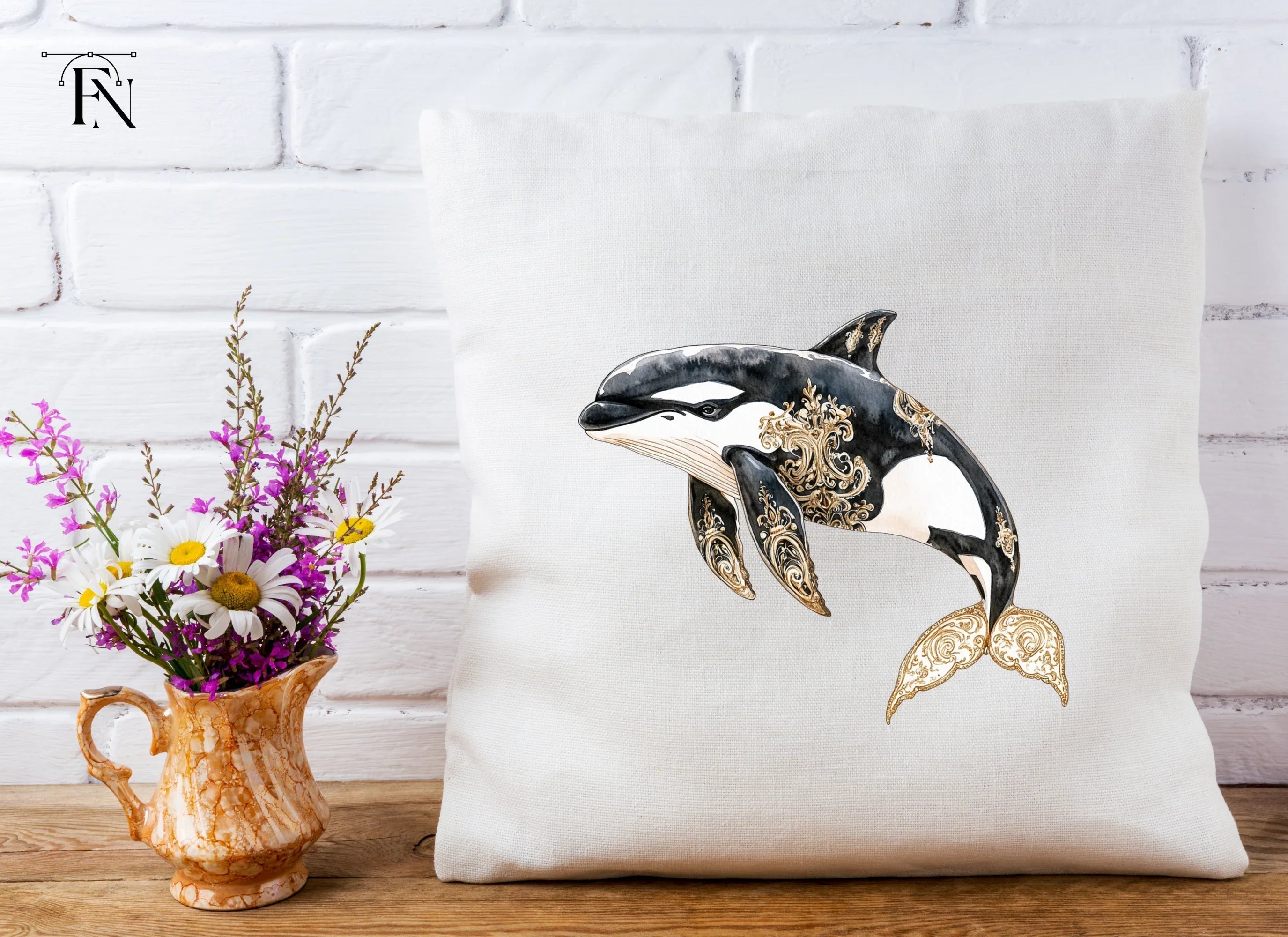 Ornate Gold and Black Orca Whale Clipart Bundle