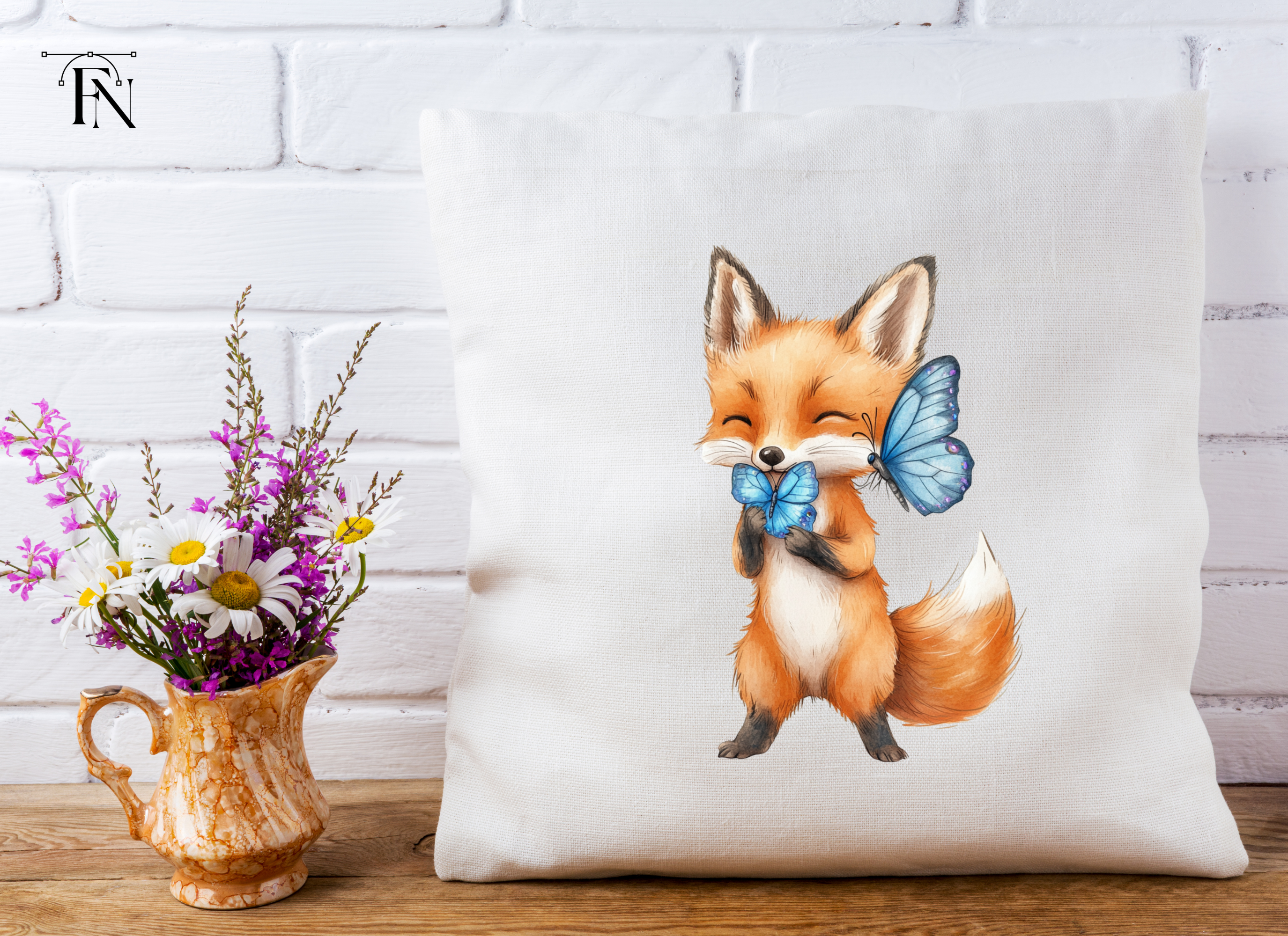 Cute Fox with Blue Butterflies Clipart Bundle