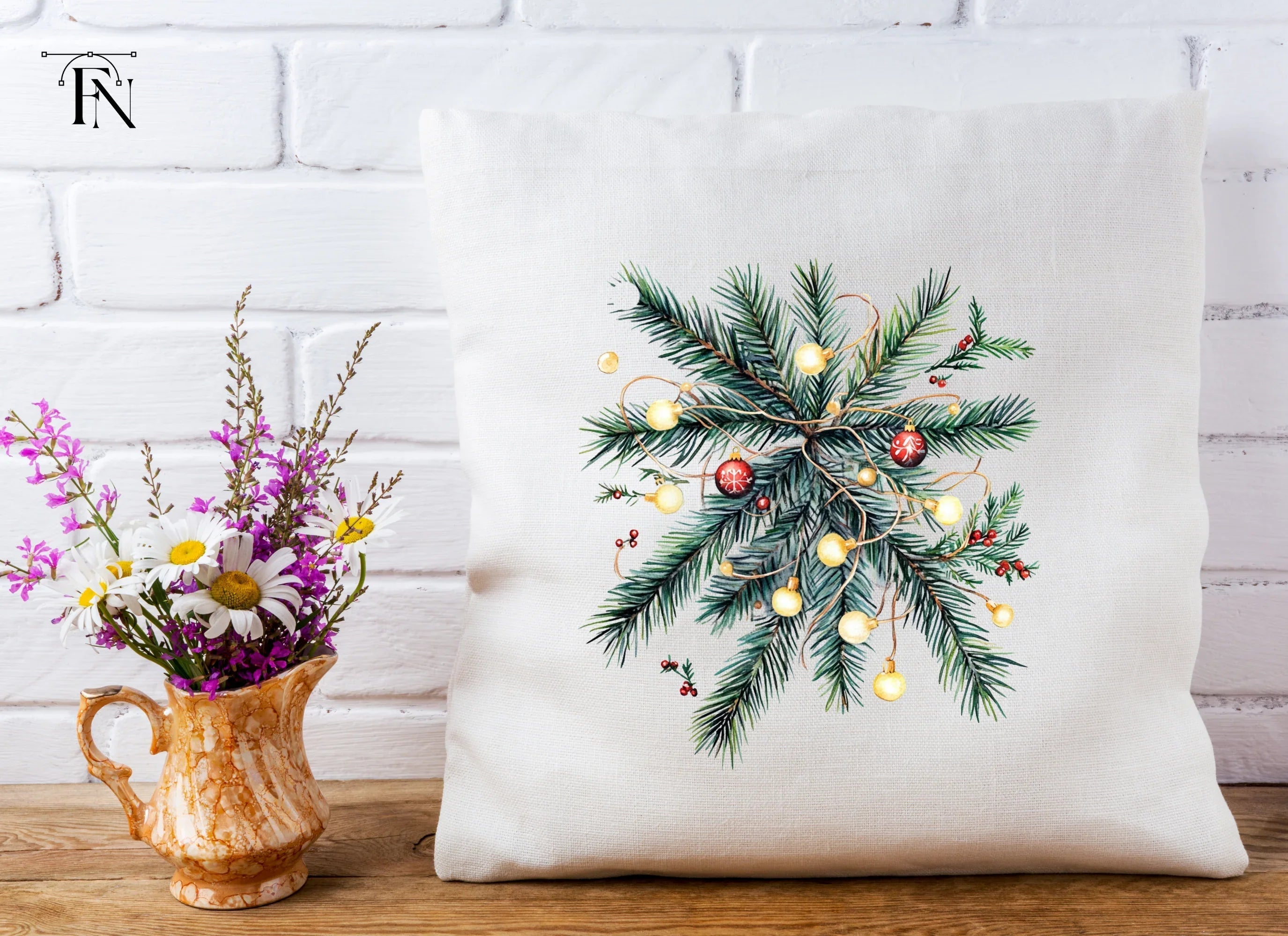 Christmas Pine Branch with Lights Clipart Bundle